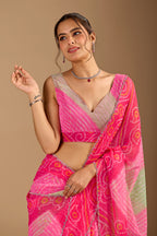Red Chiffon Saree With Bandhani Print