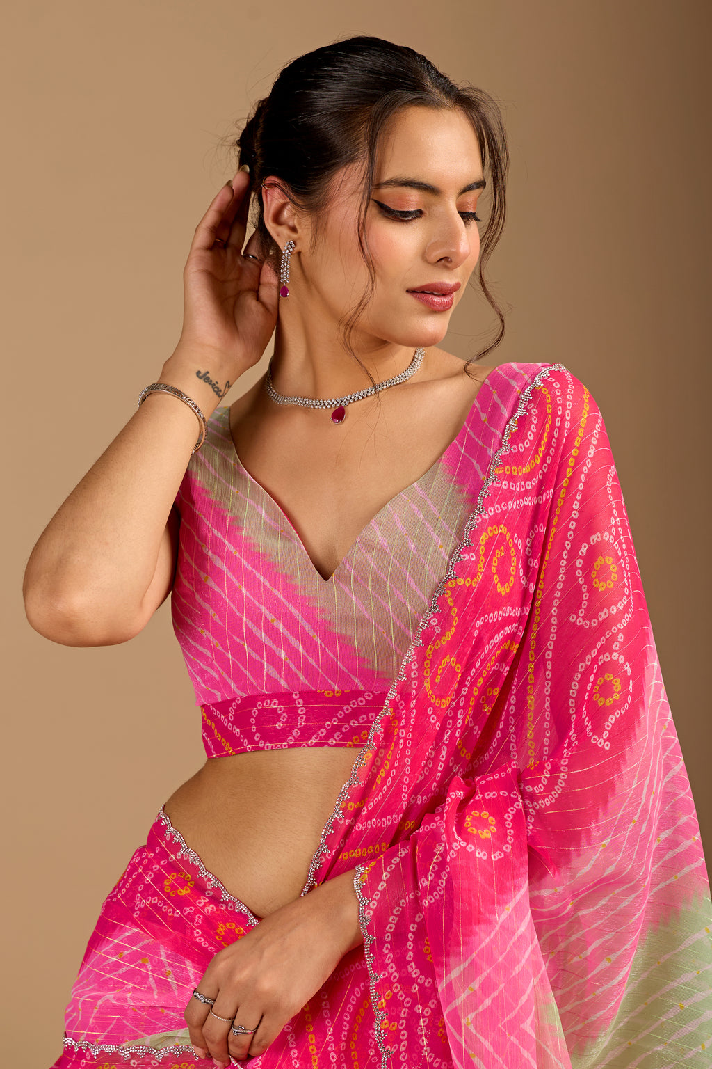 Red Chiffon Saree With Bandhani Print