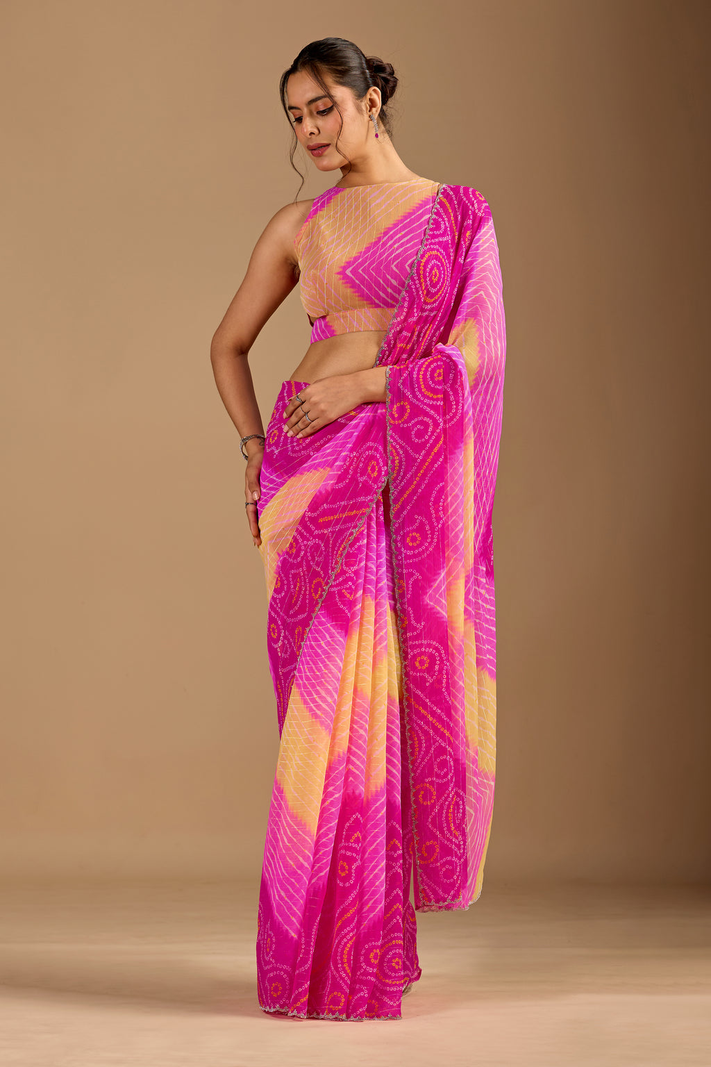 Rani Pink Chiffon Saree With Bandhani Print