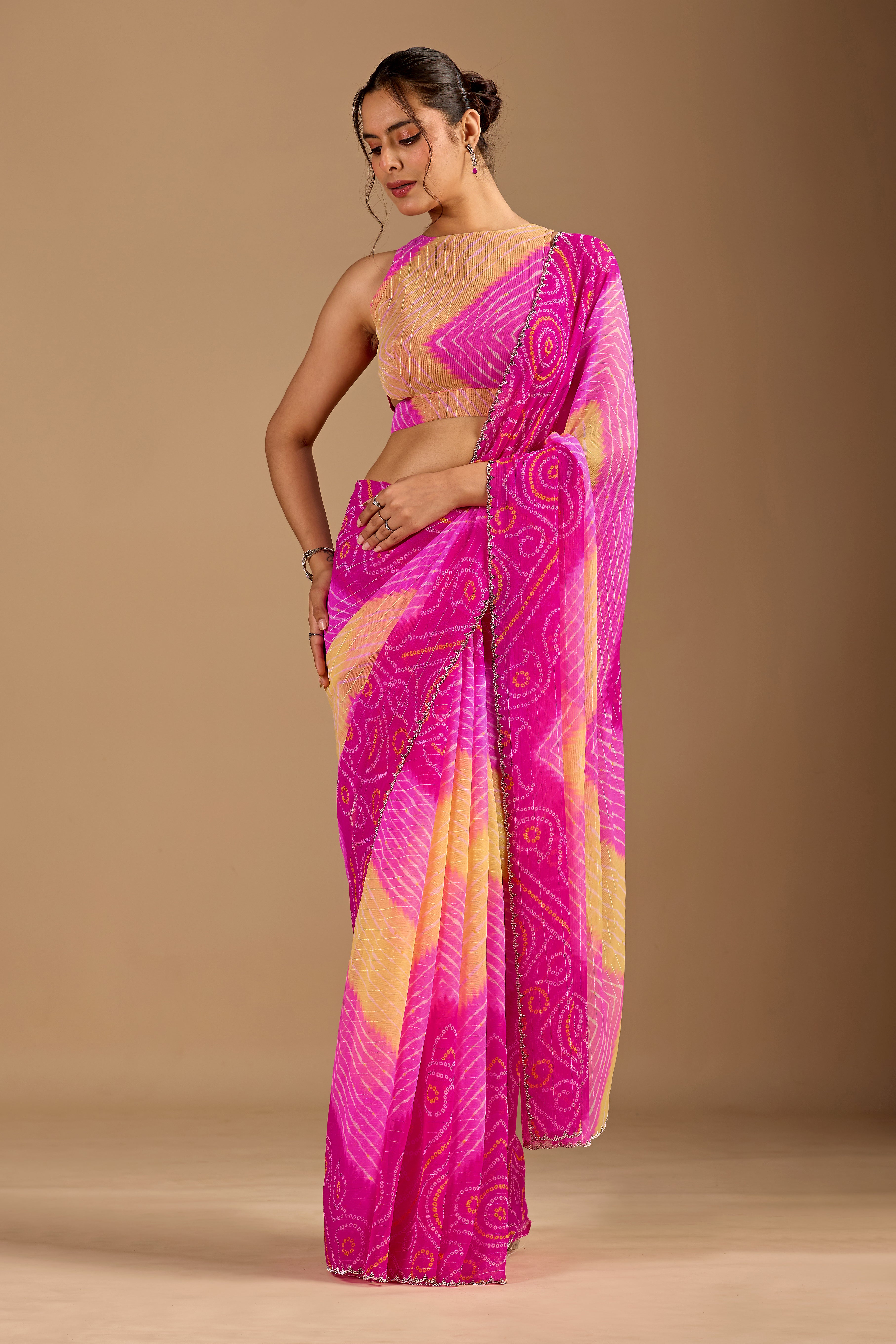 Rani Pink Chiffon Saree With Bandhani Print