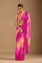 Rani Pink Chiffon Saree With Bandhani Print