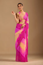 Rani Pink Chiffon Saree With Bandhani Print