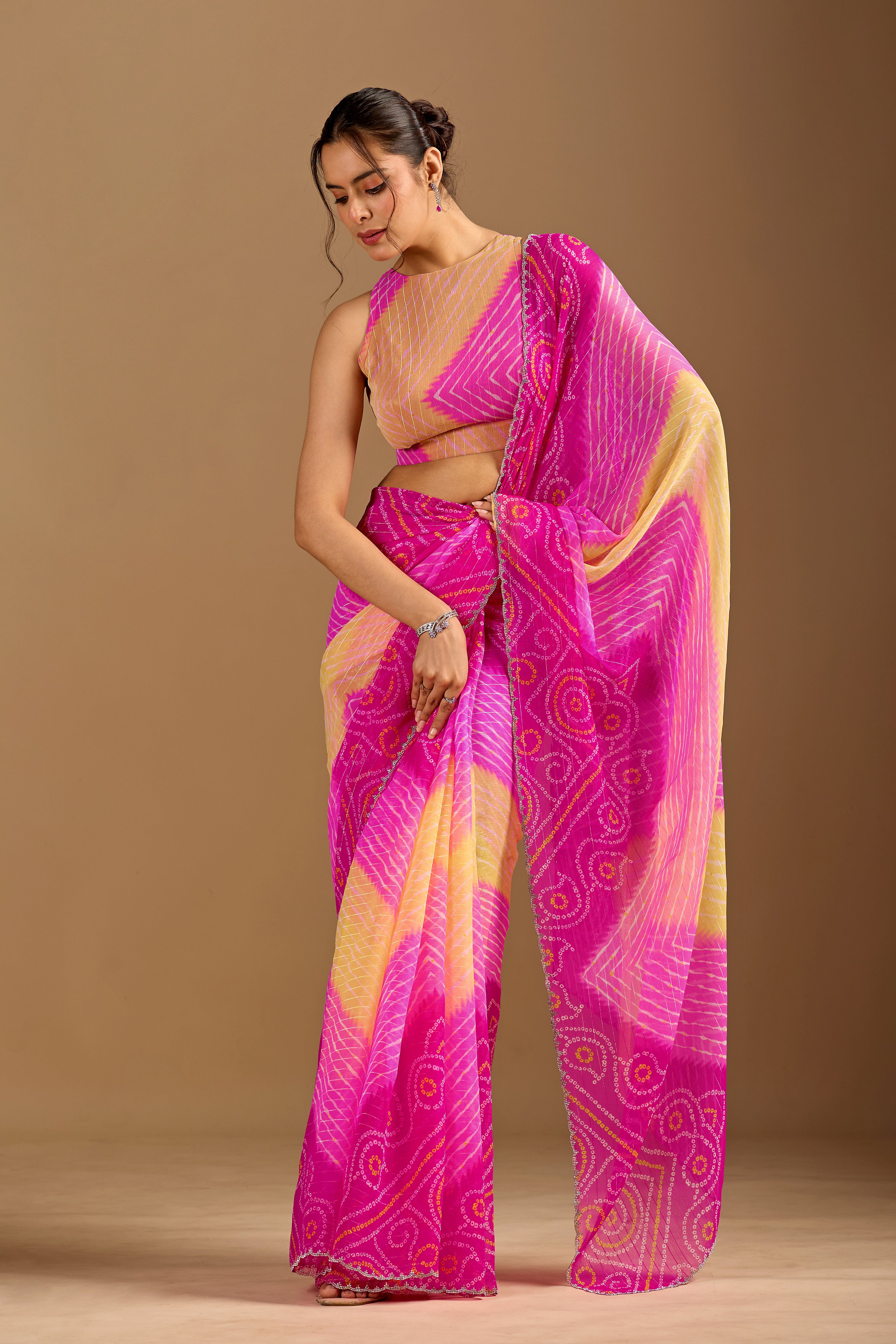 Rani Pink Chiffon Saree With Bandhani Print