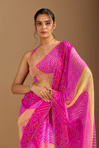 Rani Pink Chiffon Saree With Bandhani Print
