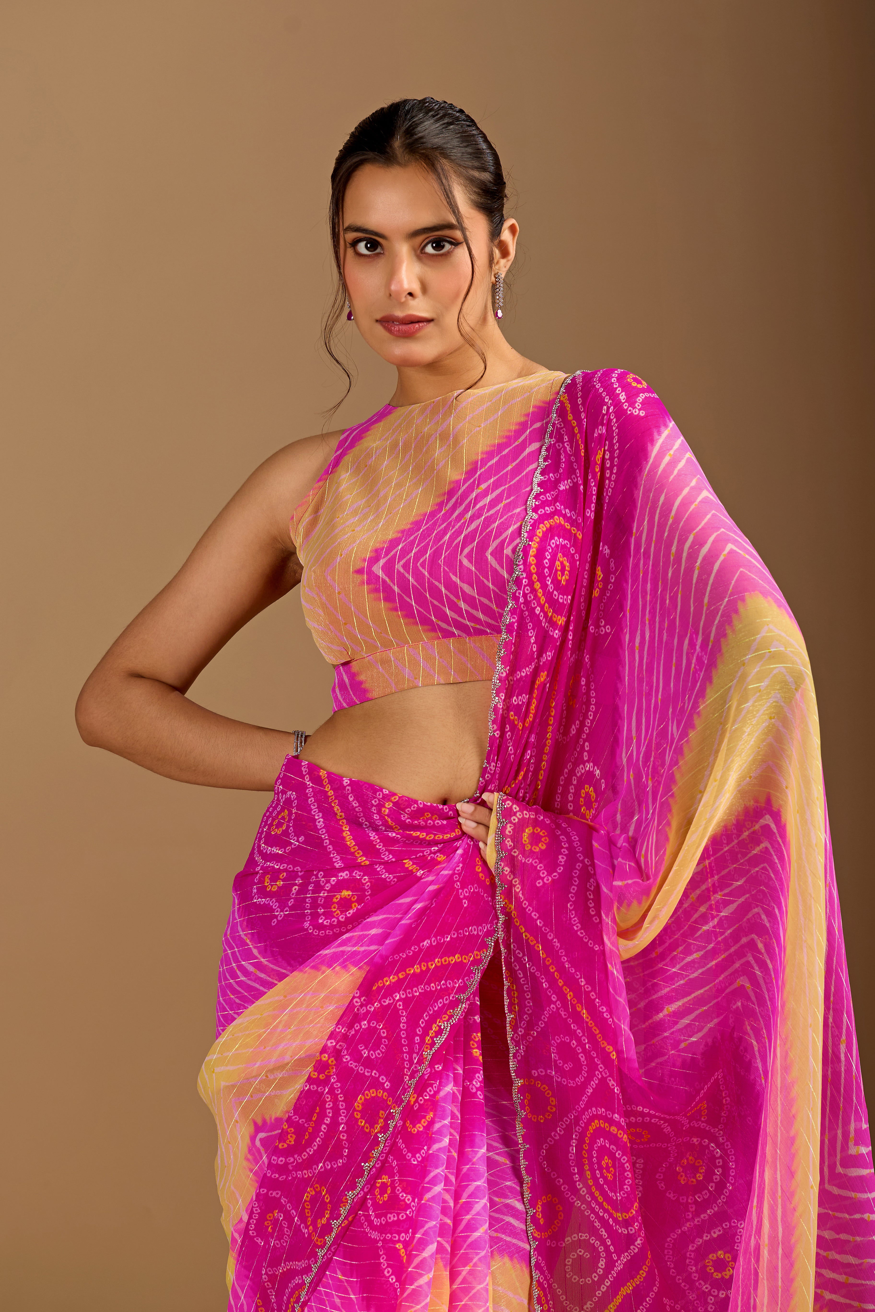 Rani Pink Chiffon Saree With Bandhani Print