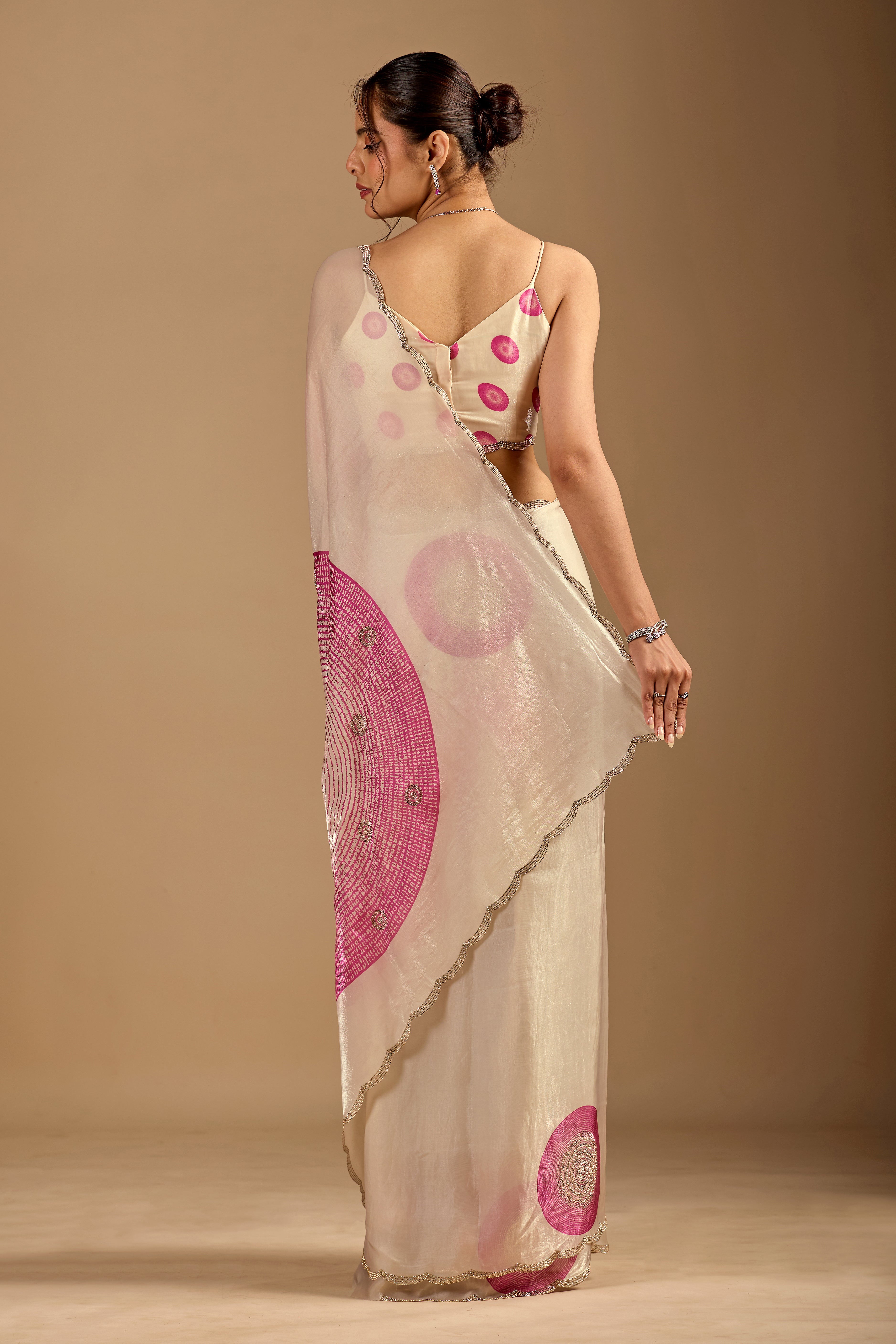 Ivory Organza Silk Saree With Foil Print
