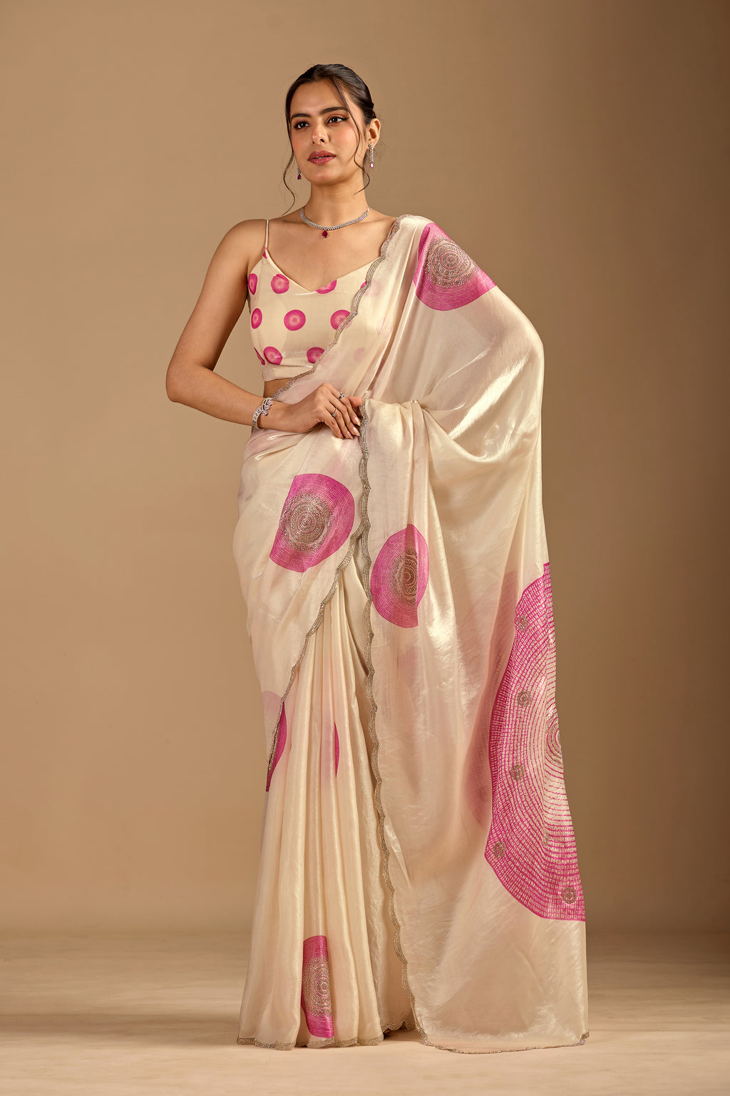 Ivory Organza Silk Saree With Foil Print
