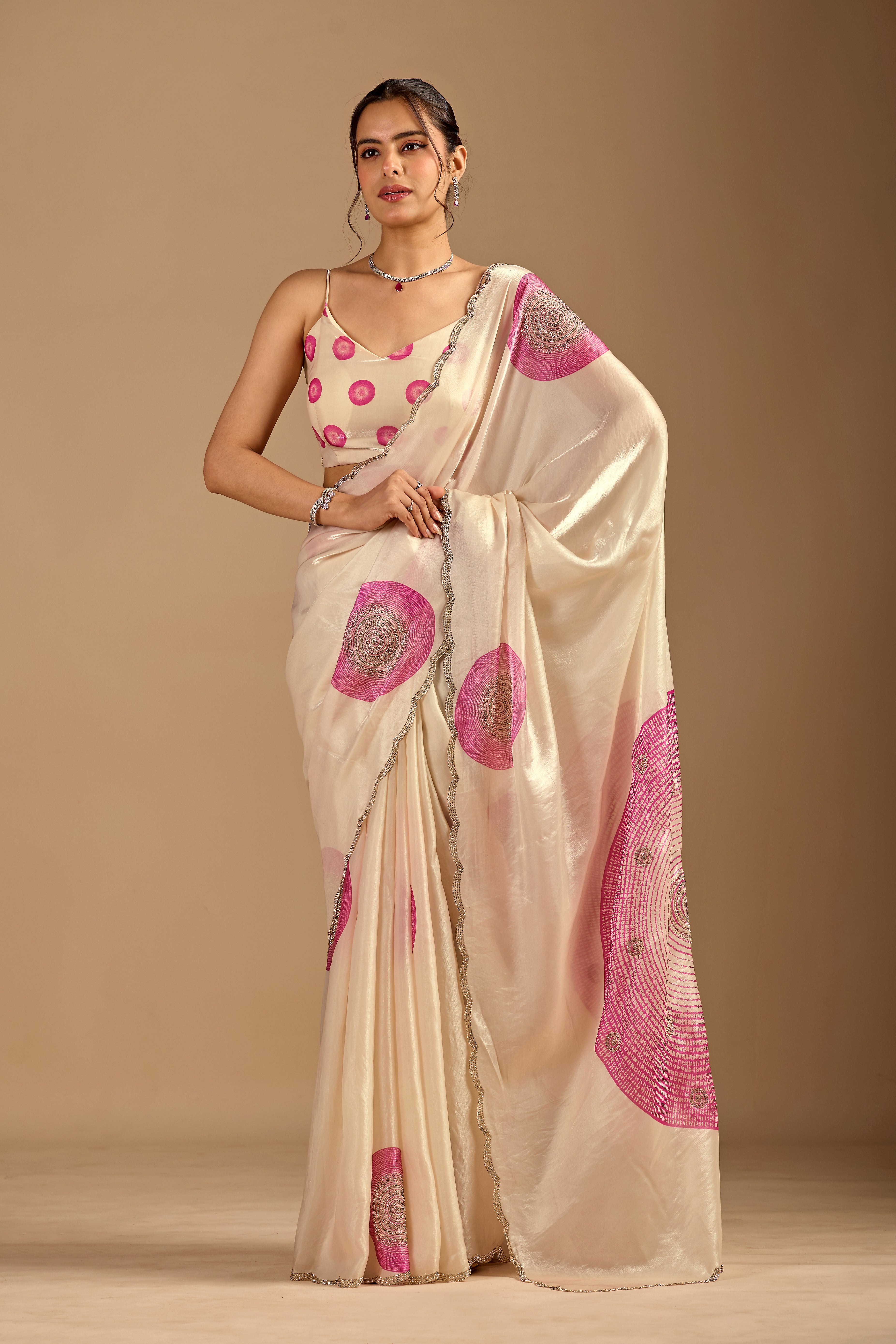Ivory Organza Silk Saree With Foil Print