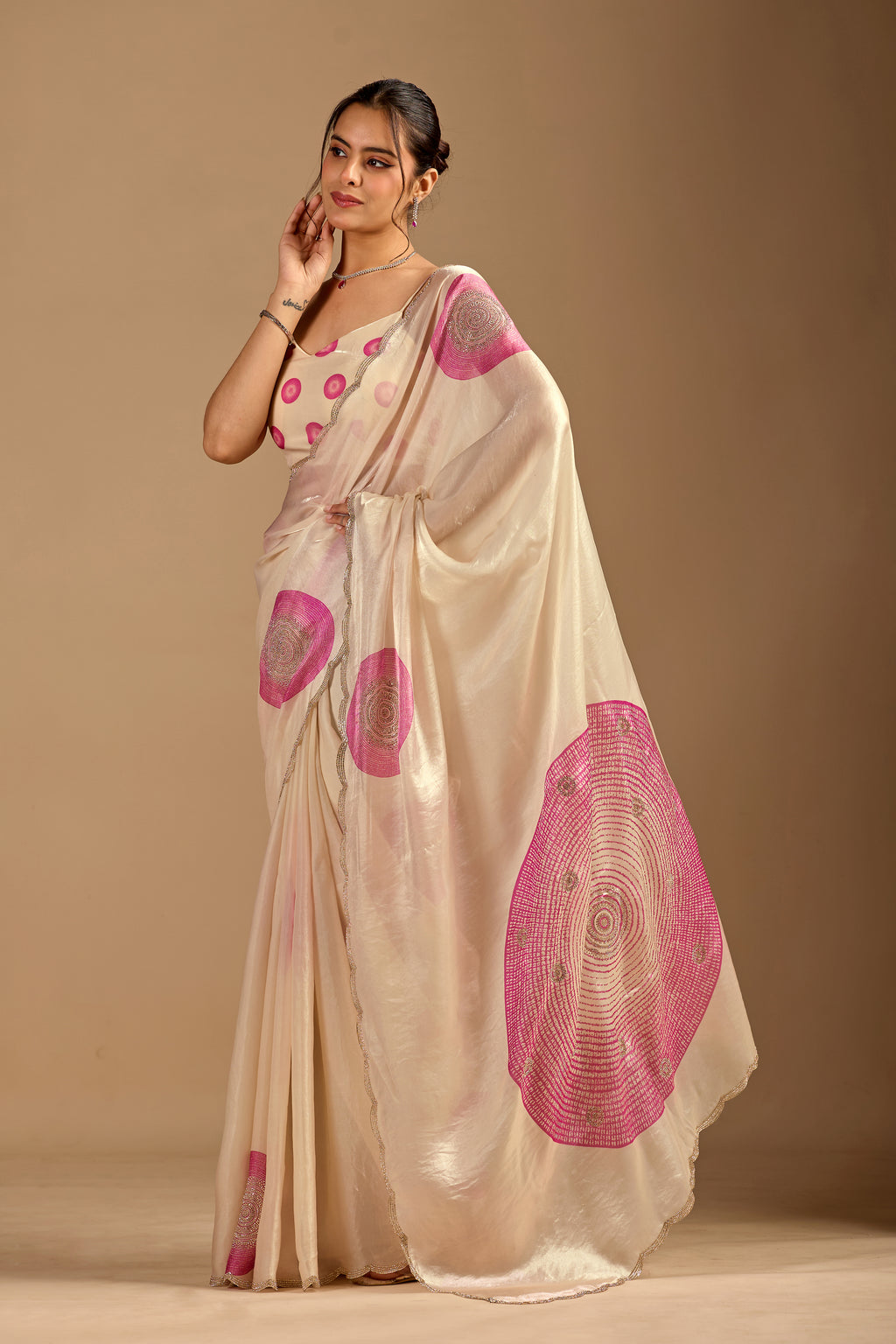 Ivory Organza Silk Saree With Foil Print