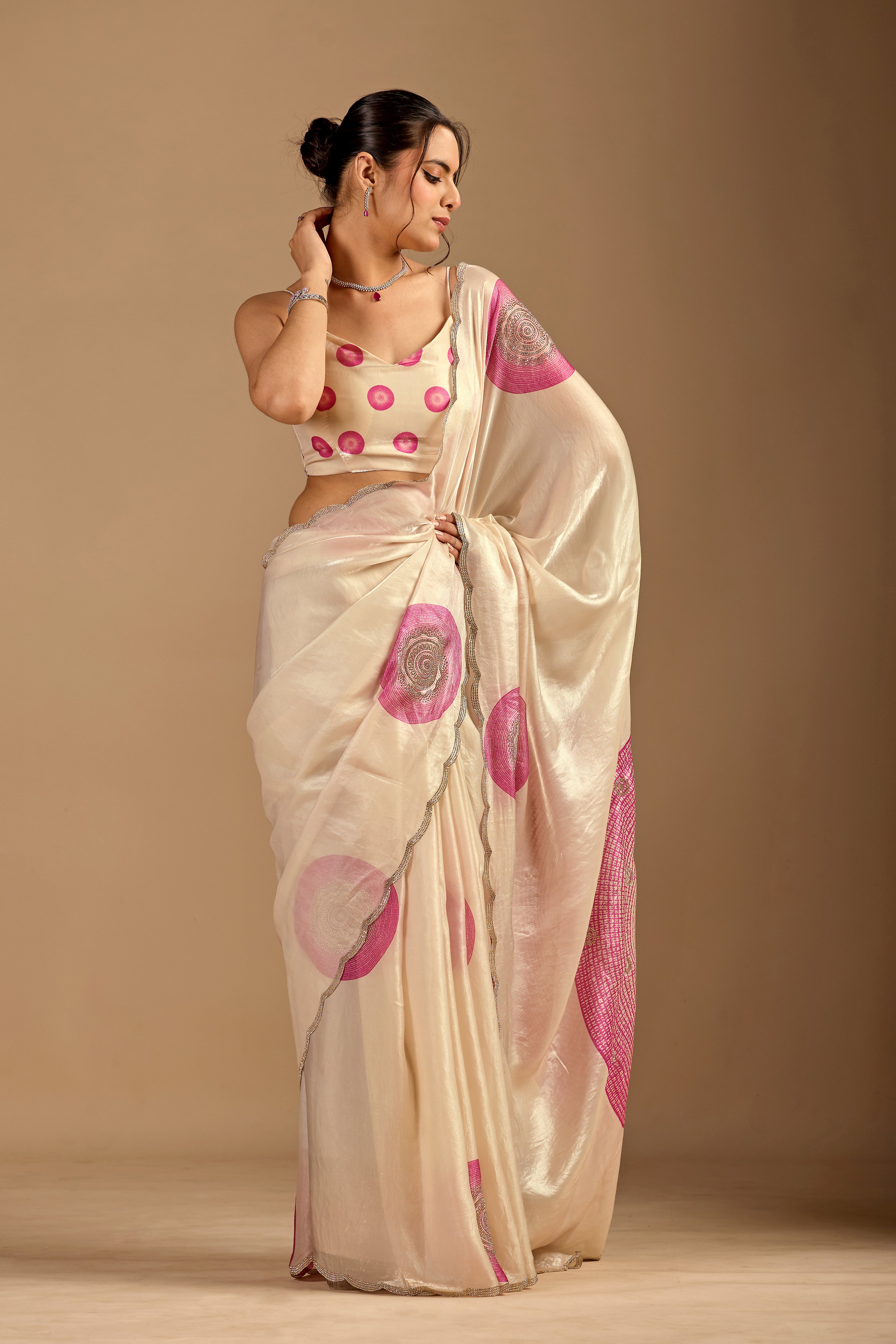 Ivory Organza Silk Saree With Foil Print