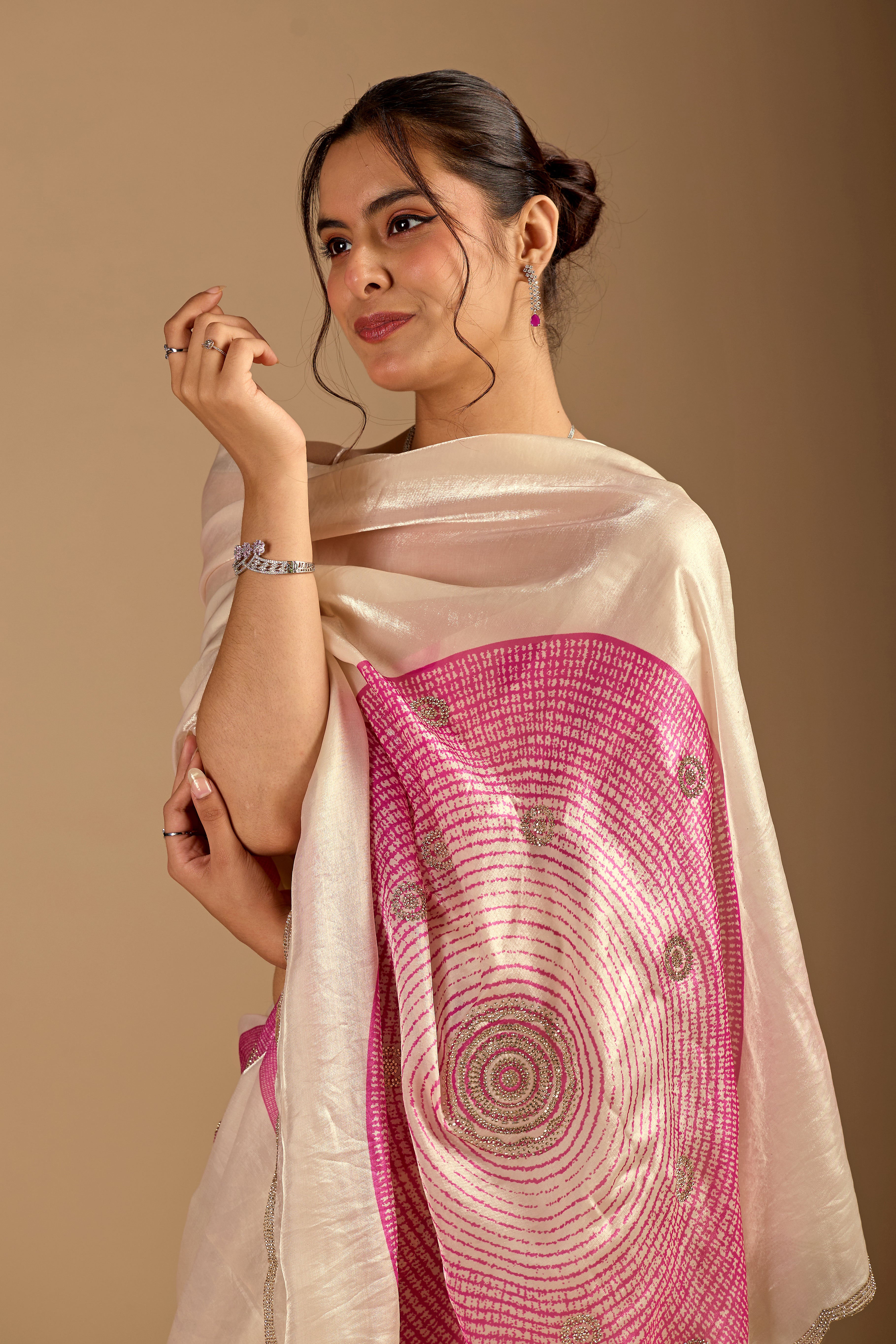 Ivory Organza Silk Saree With Foil Print