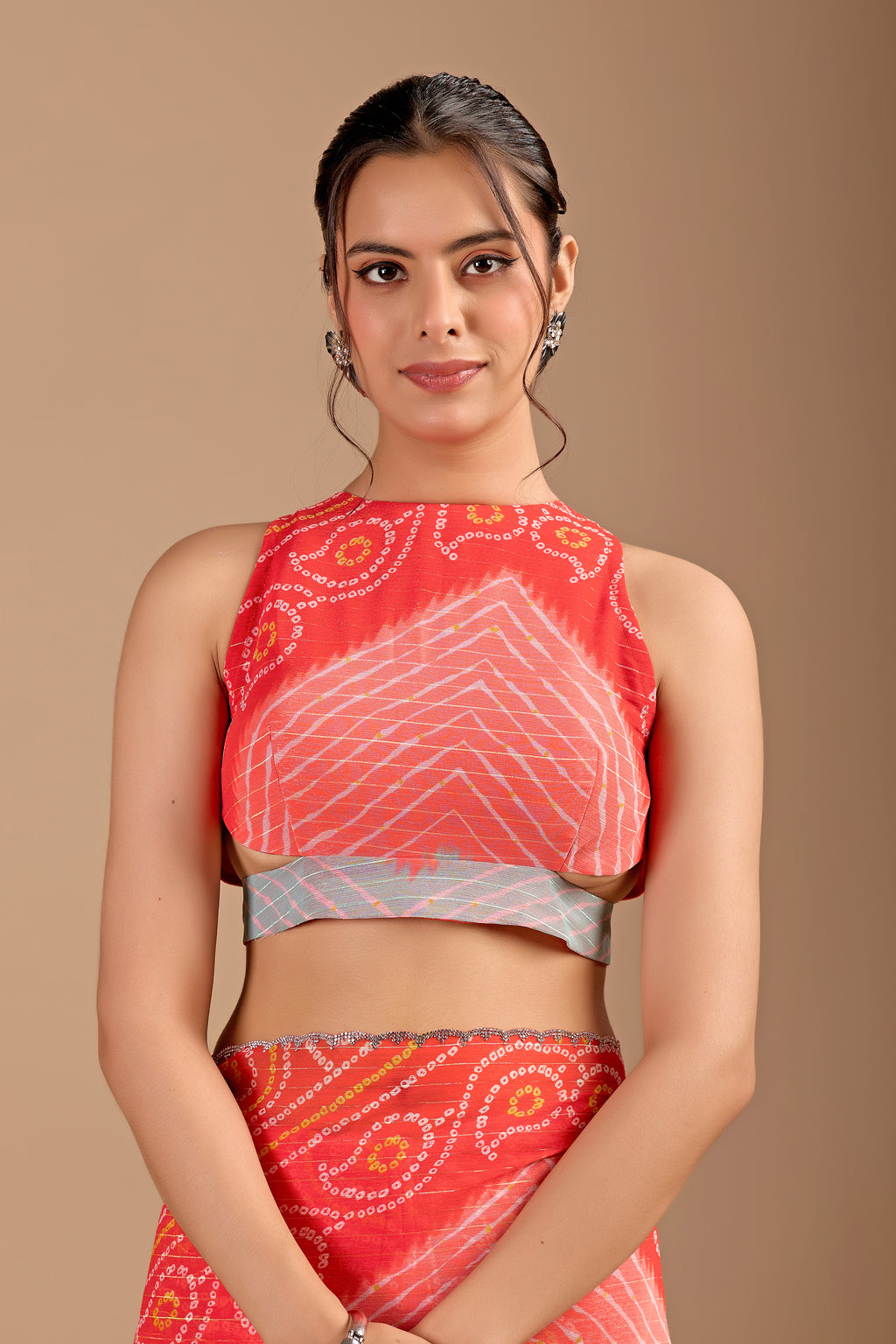 Orange Chiffon Saree With Bandhani Print