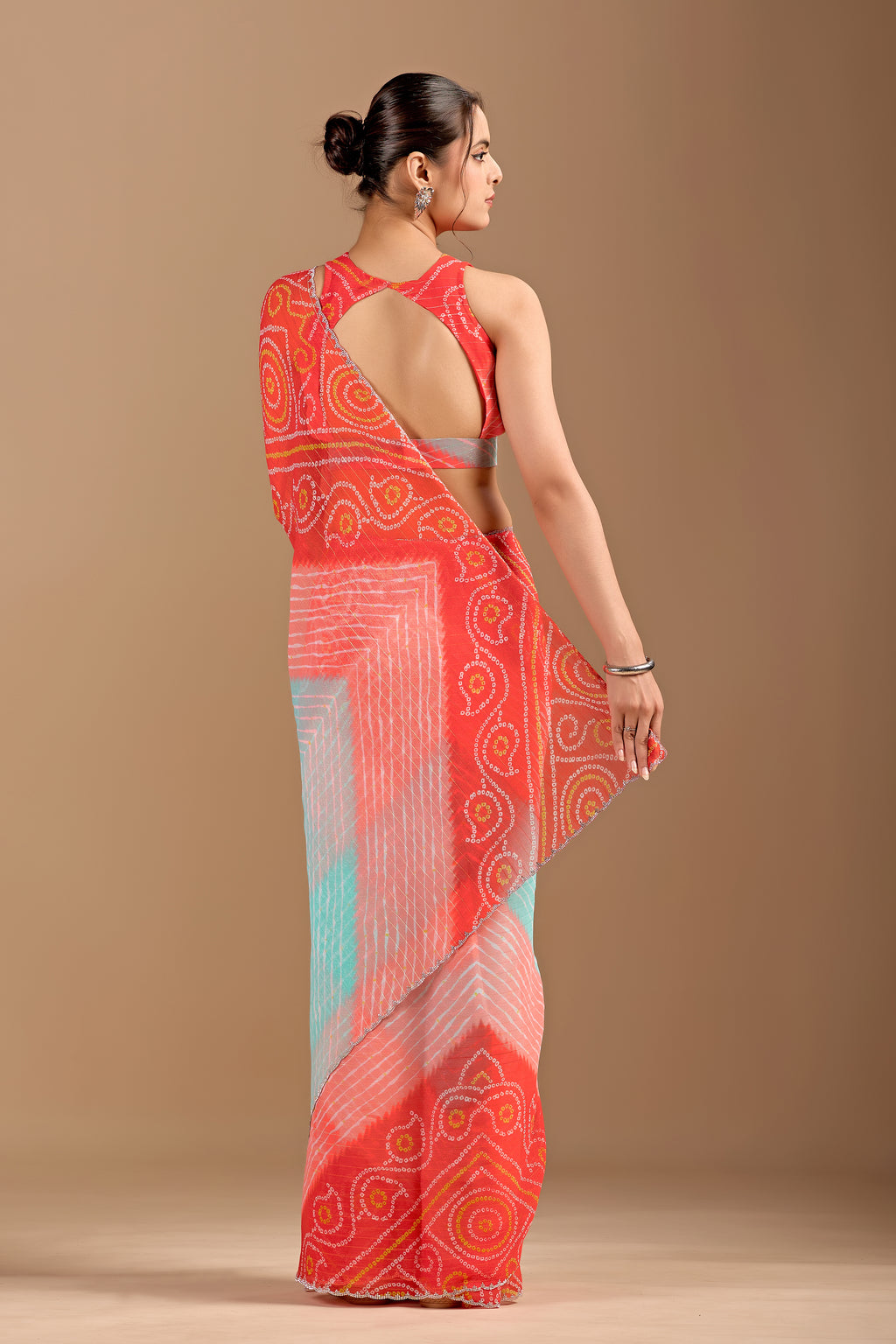Orange Chiffon Saree With Bandhani Print