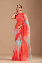 Orange Chiffon Saree With Bandhani Print