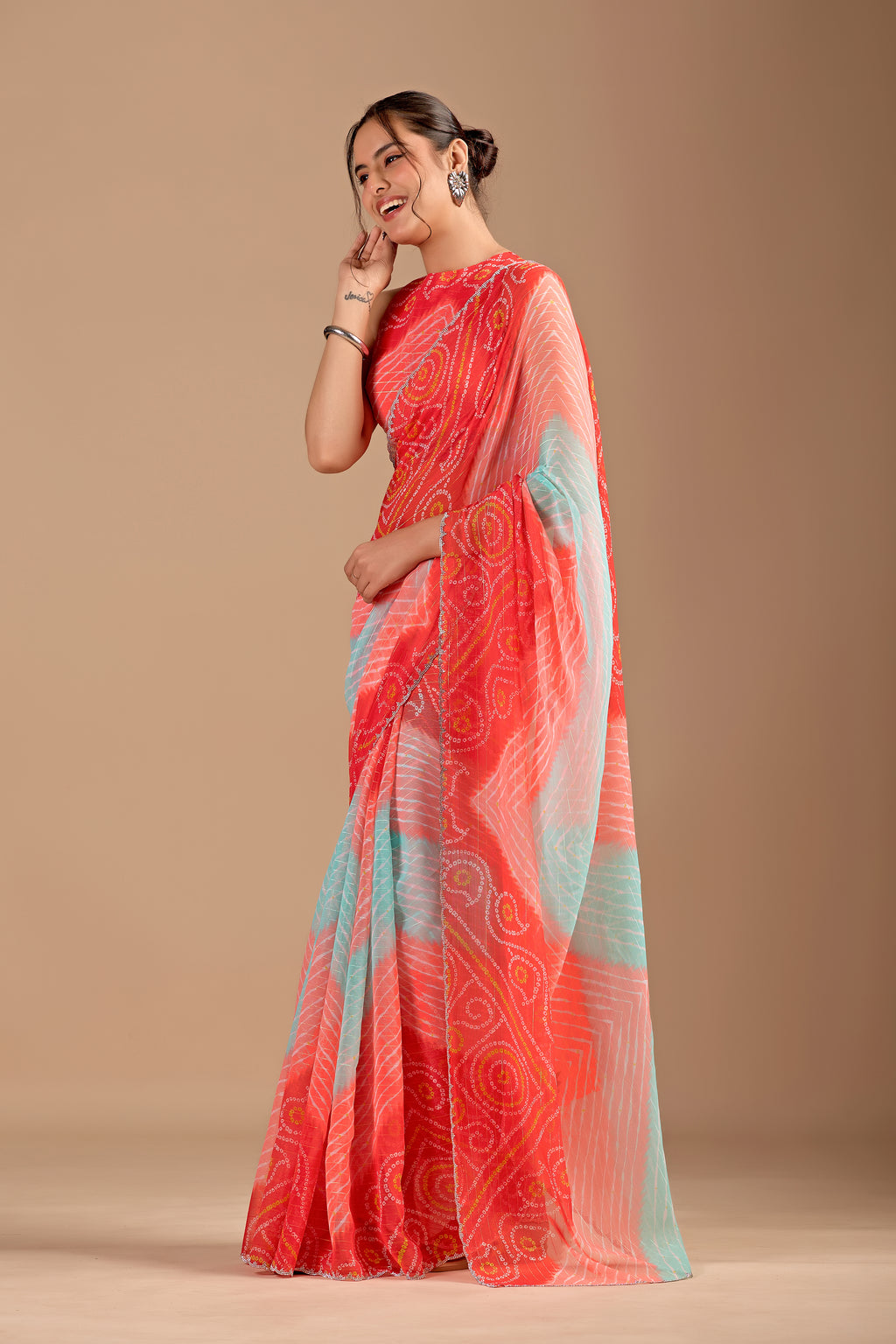 Orange Chiffon Saree With Bandhani Print