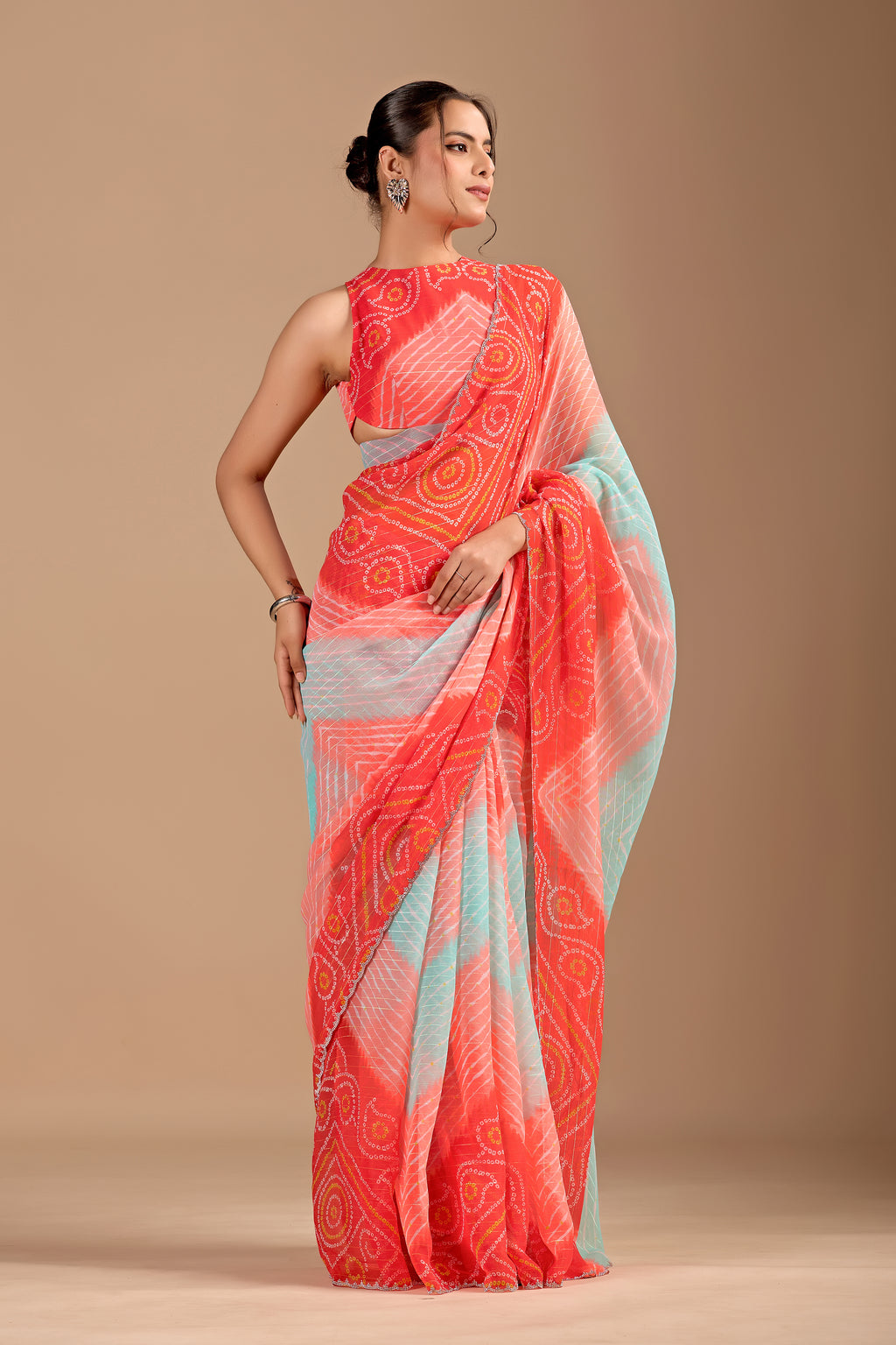 Orange Chiffon Saree With Bandhani Print