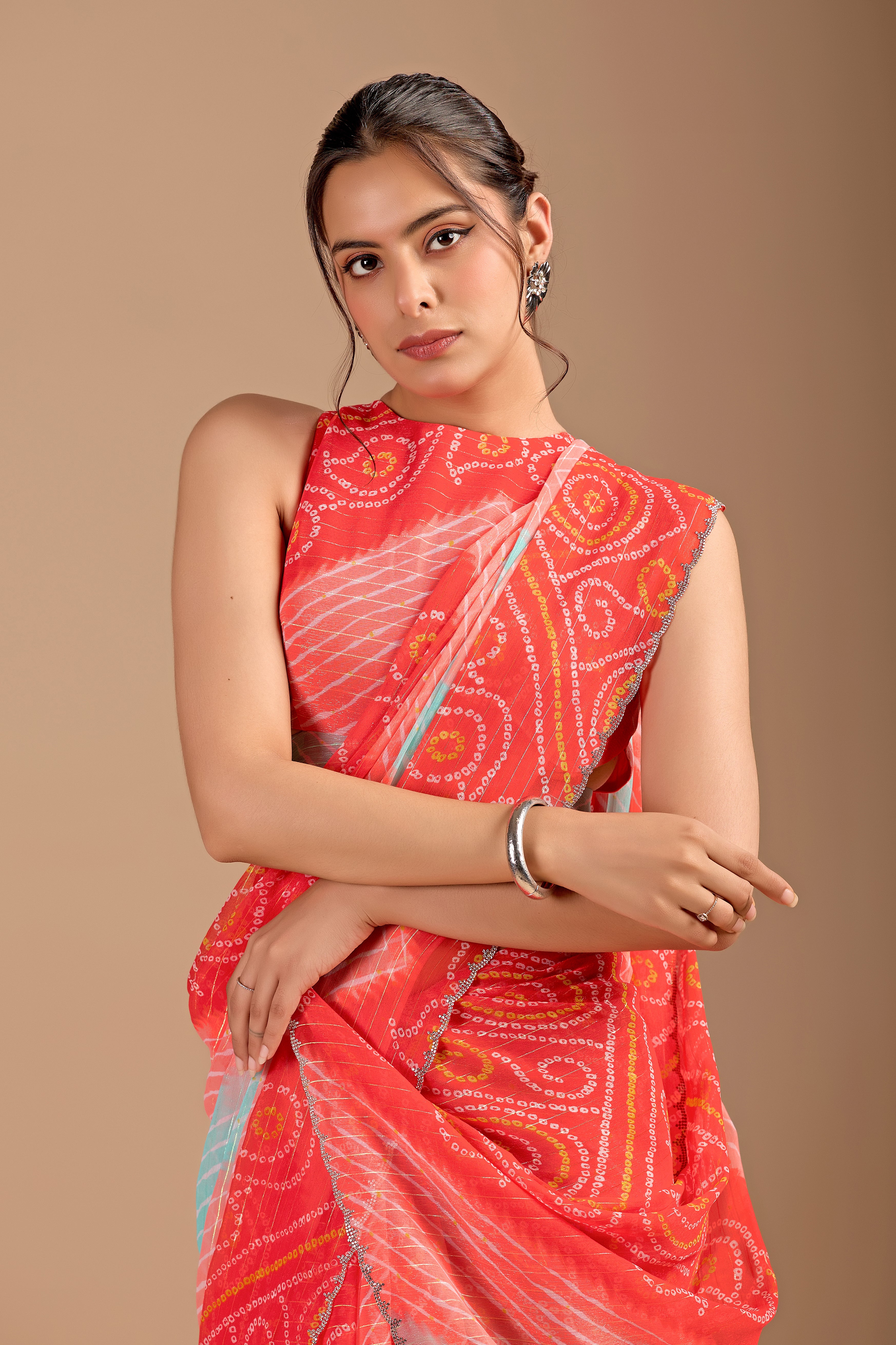Orange Chiffon Saree With Bandhani Print