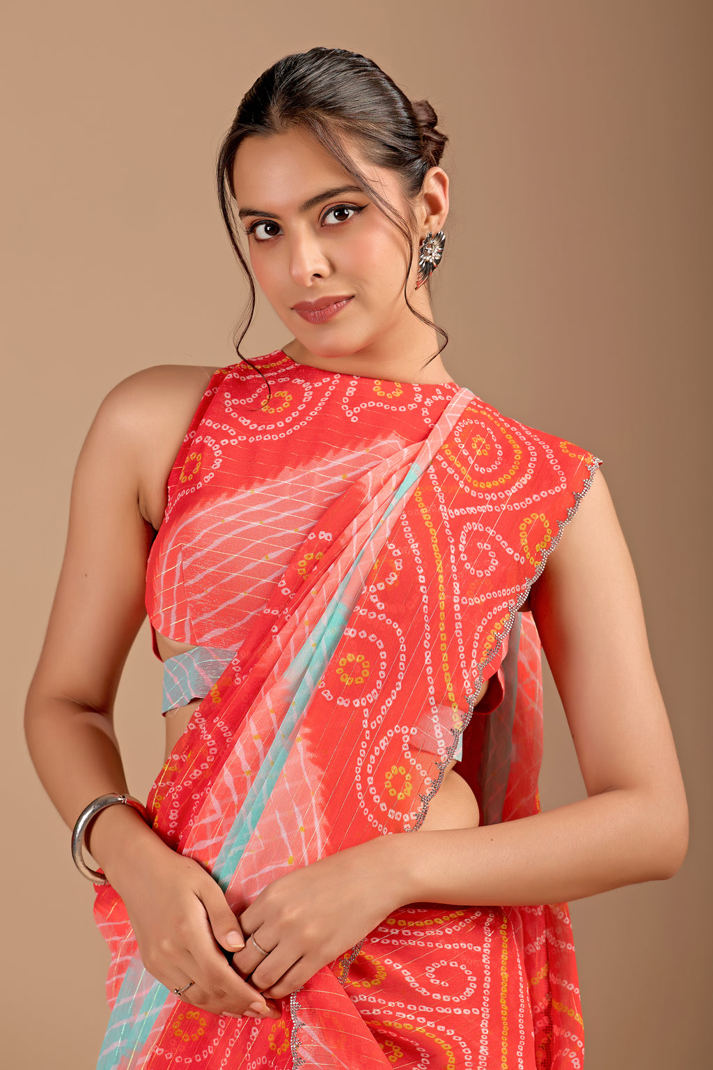 Orange Chiffon Saree With Bandhani Print