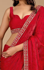 Crimson Red Tissue Silk Saree With Zari Embroidery