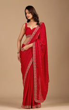 Crimson Red Tissue Silk Saree With Zari Embroidery