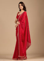 Crimson Red Tissue Silk Saree With Zari Embroidery