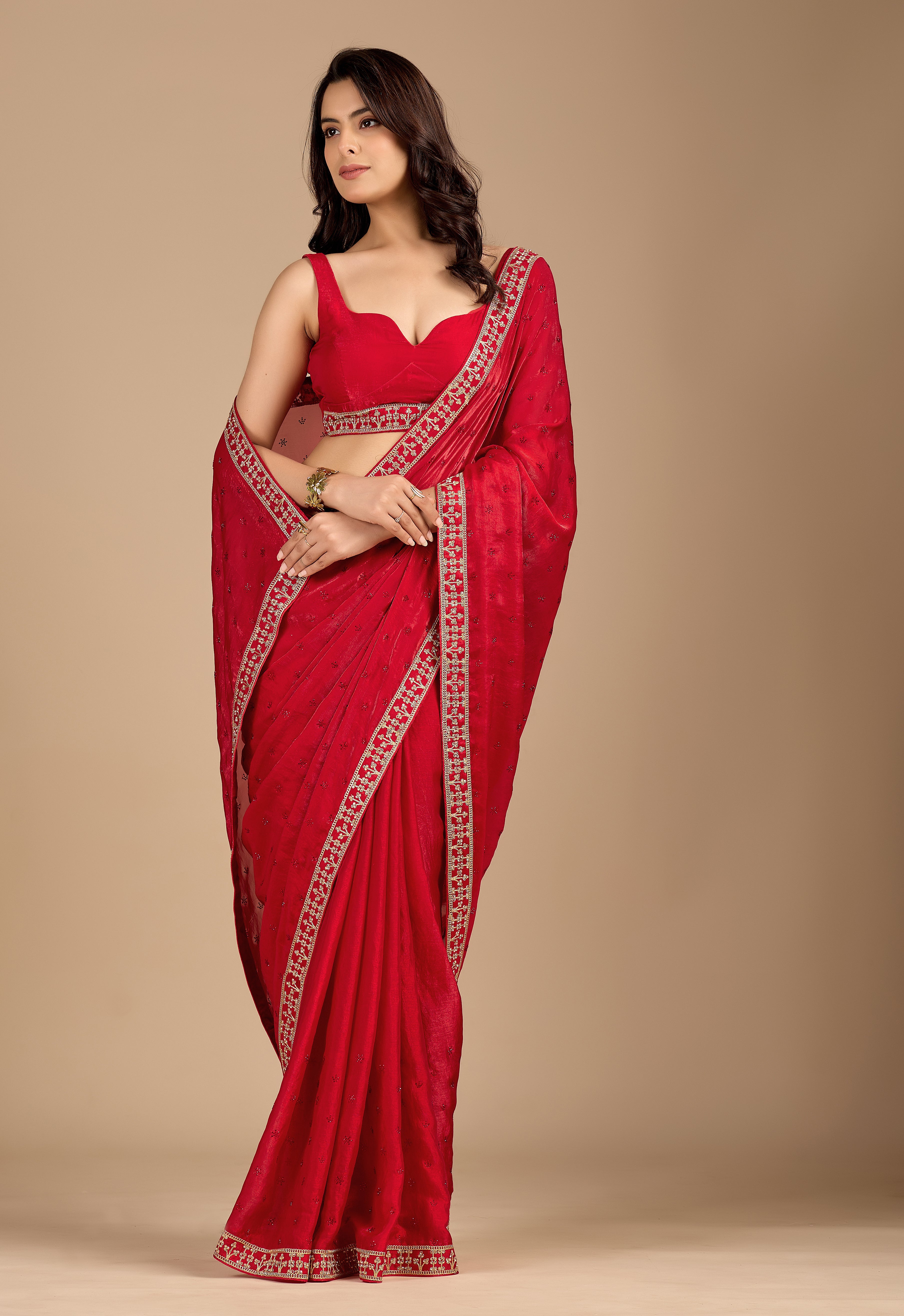 Crimson Red Tissue Silk Saree With Zari Embroidery