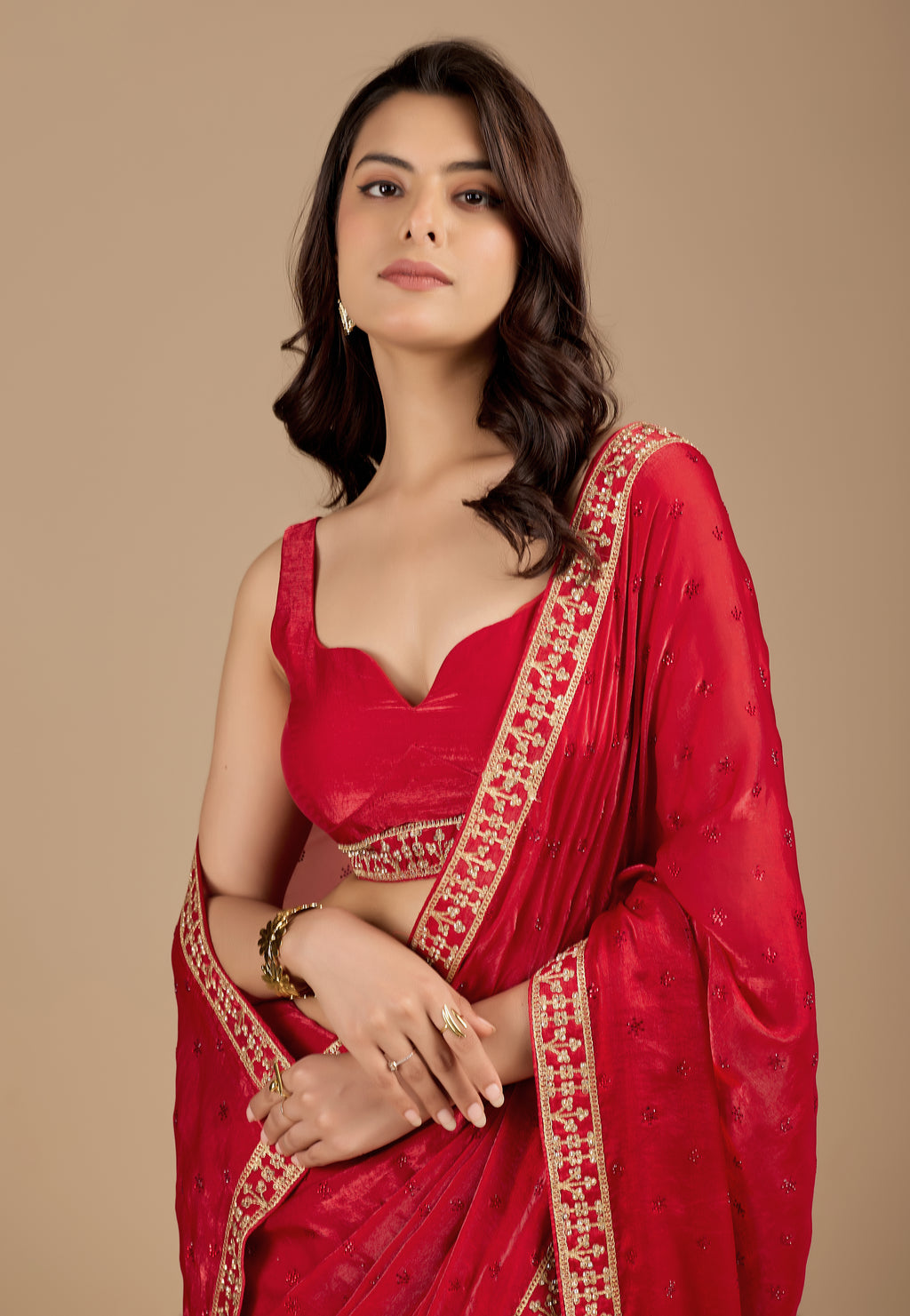 Crimson Red Tissue Silk Saree With Zari Embroidery