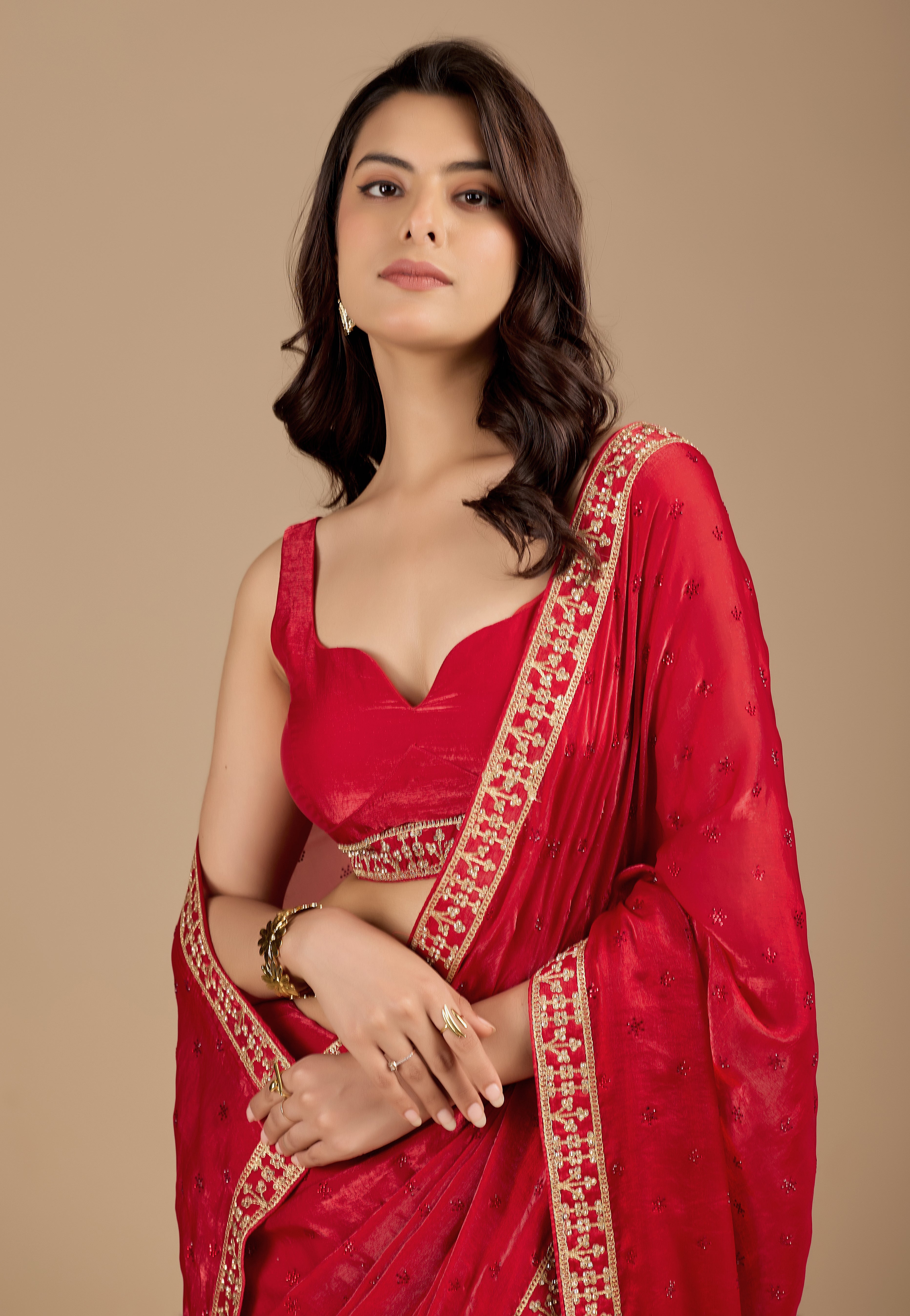 Crimson Red Tissue Silk Saree With Zari Embroidery