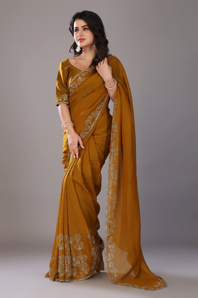 Mustard yellow stone work crunchy saree Main Image
