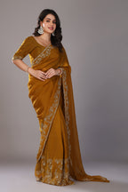 Mustard yellow stone work crunchy saree
