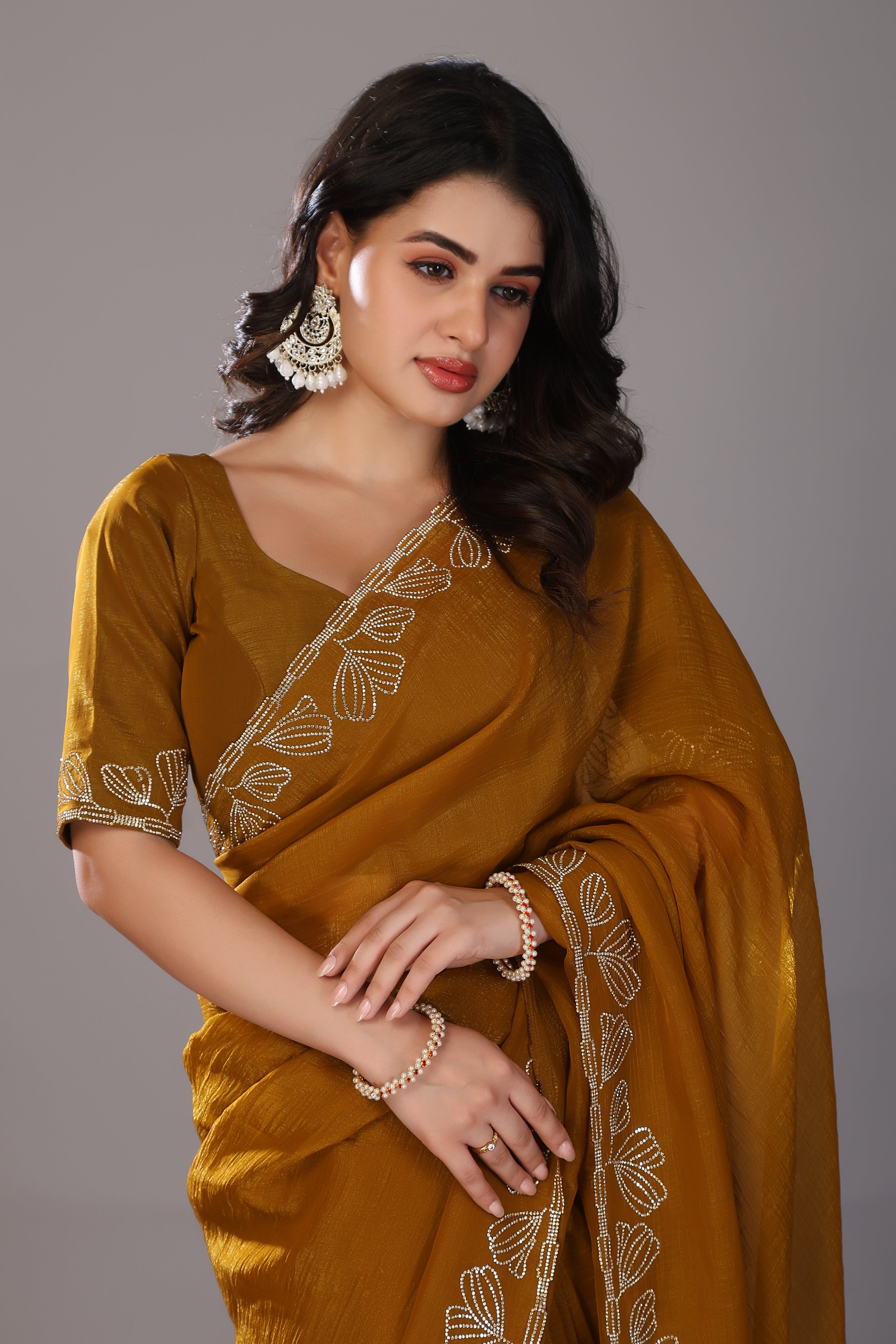 Mustard yellow stone work crunchy saree