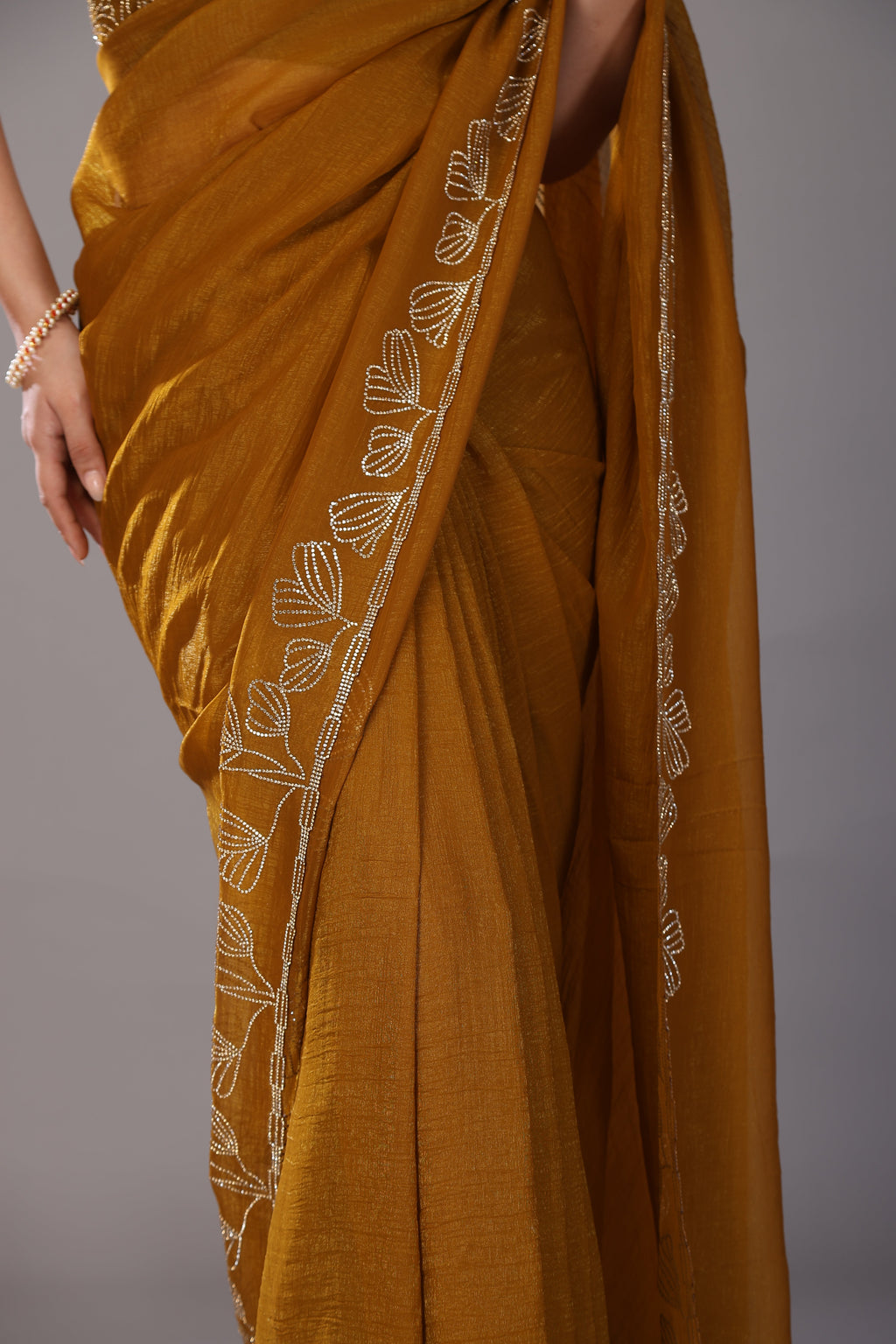 Mustard yellow stone work crunchy saree