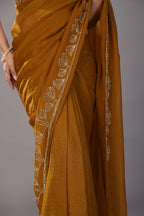 Mustard yellow stone work crunchy saree