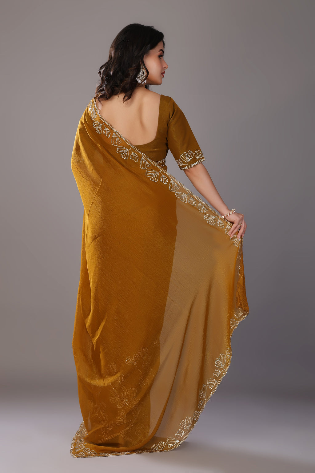 Mustard yellow stone work crunchy saree
