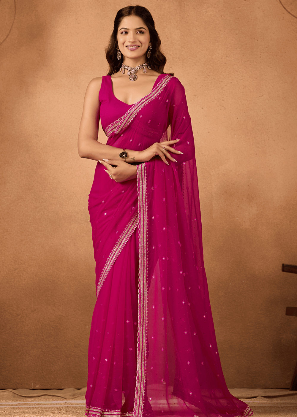 Pink Chiffon Saree With Sequin Embroidery - Front Look | Buy Online Ethnic9