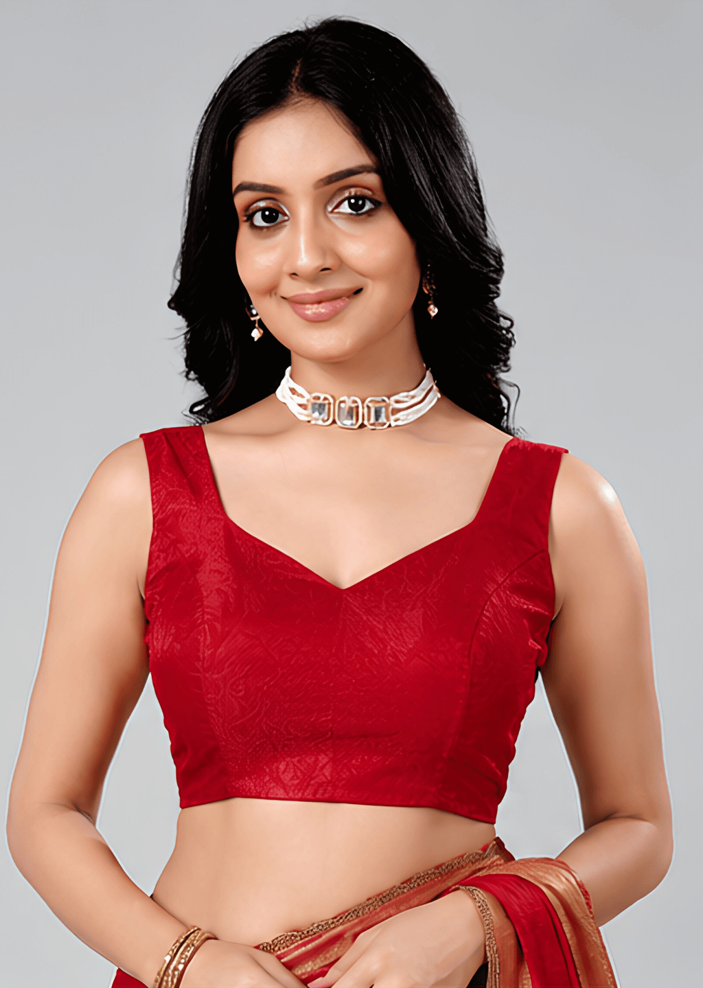 Deep Red Jacquard Sleeveless Sweetheart Neck Readymade Blouse for Women