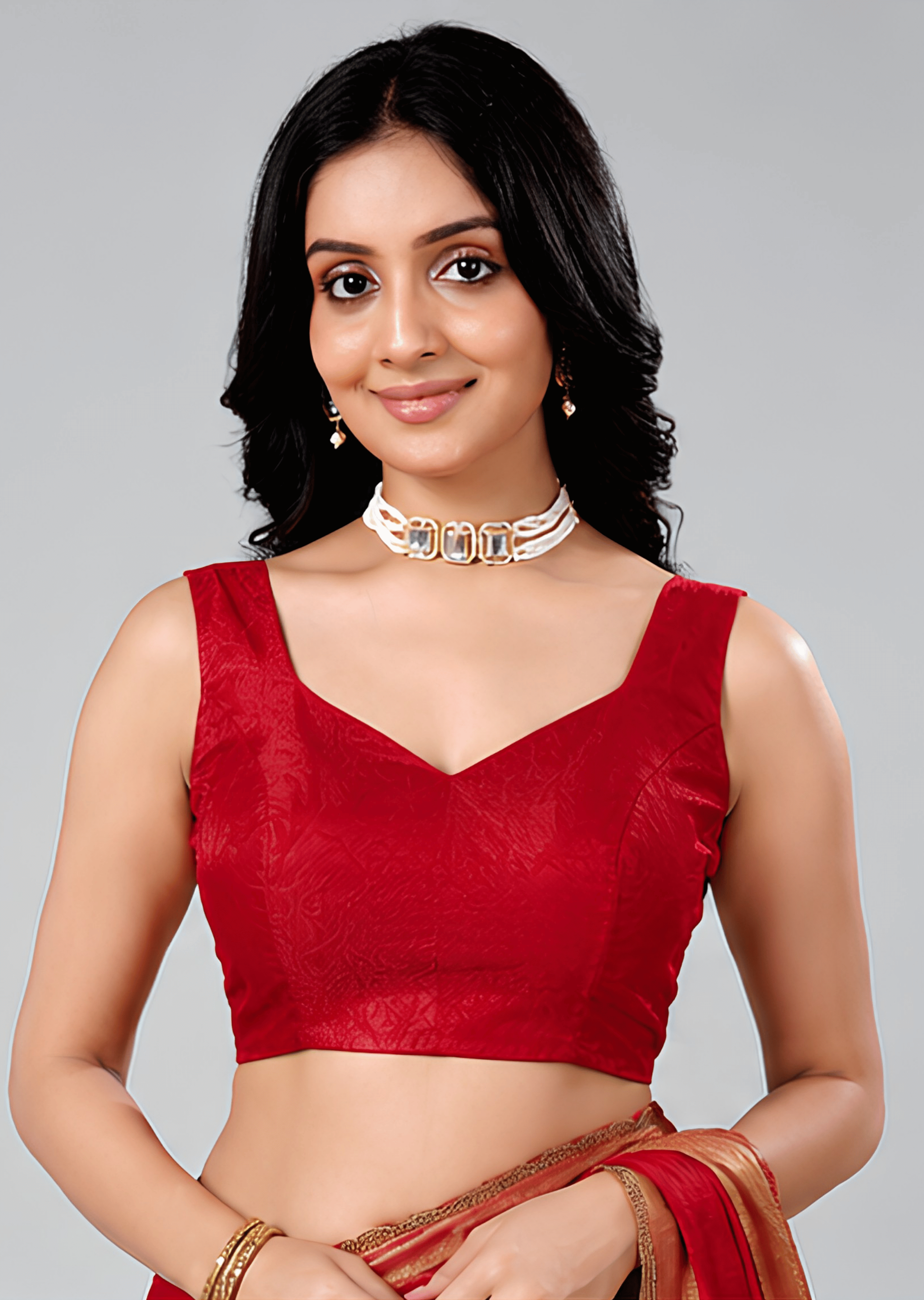 Deep Red Jacquard Sleeveless Sweetheart Neck Readymade Blouse for Women