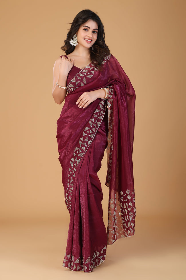 Wine stone work crunchy saree Main Image