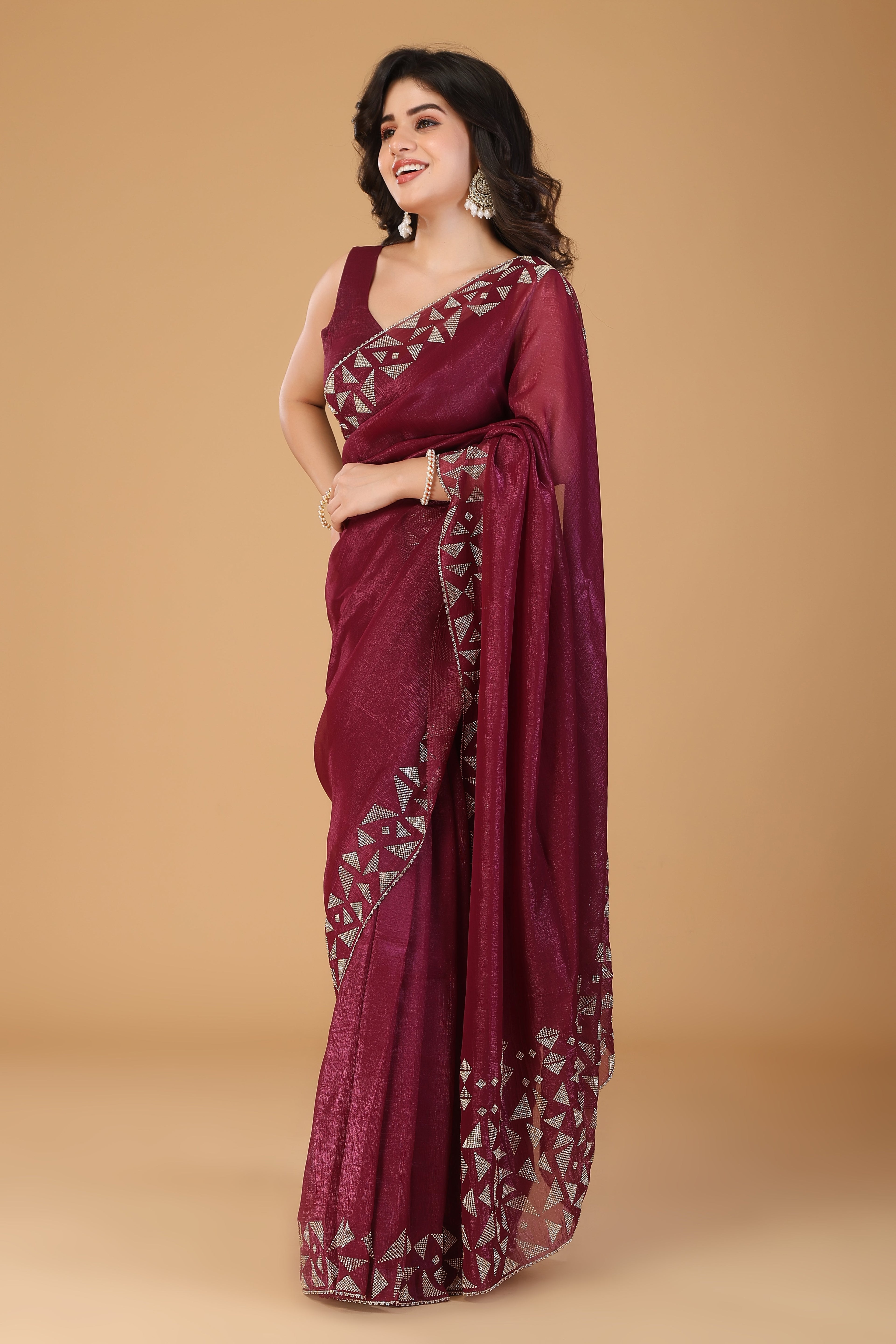 Wine stone work crunchy saree