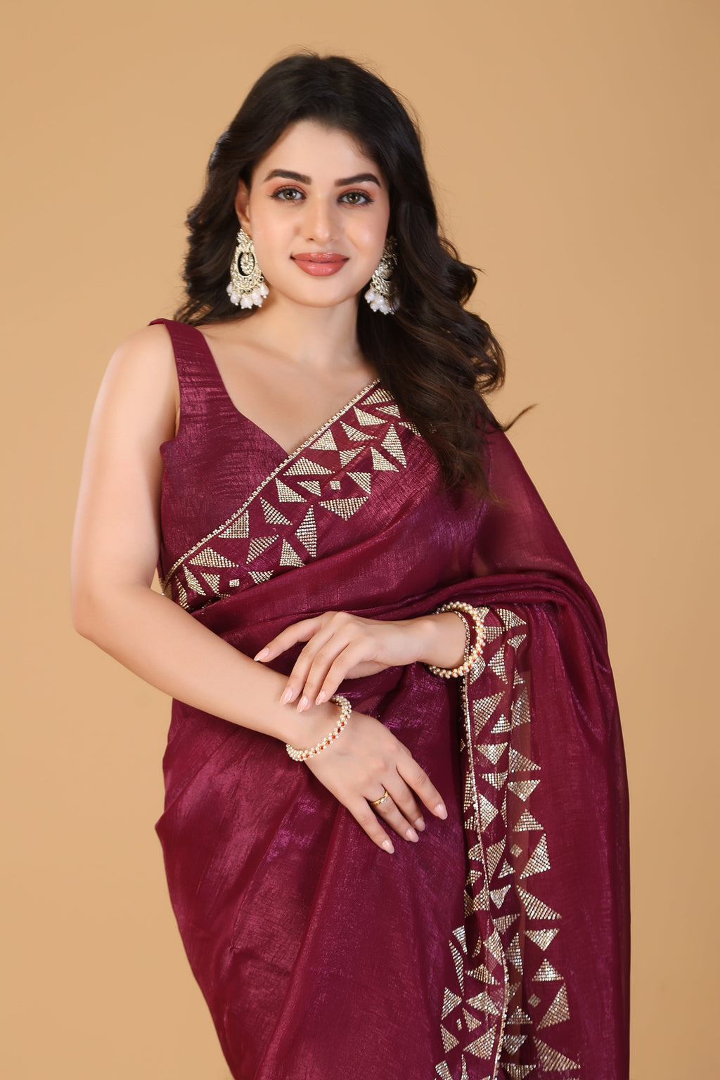 Wine stone work crunchy saree