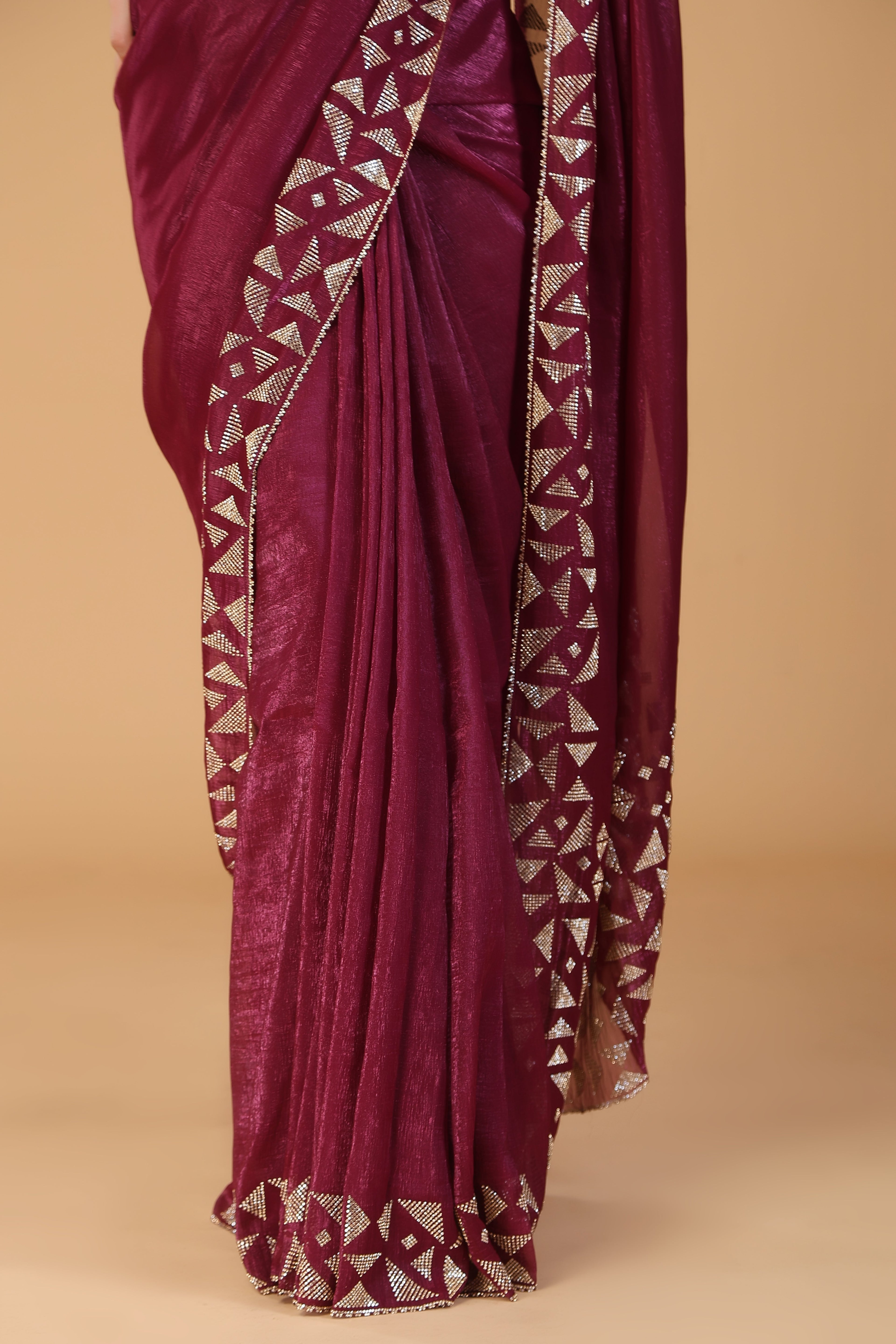 Wine stone work crunchy saree
