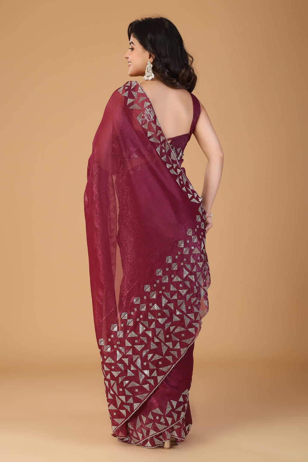 Wine stone work crunchy saree