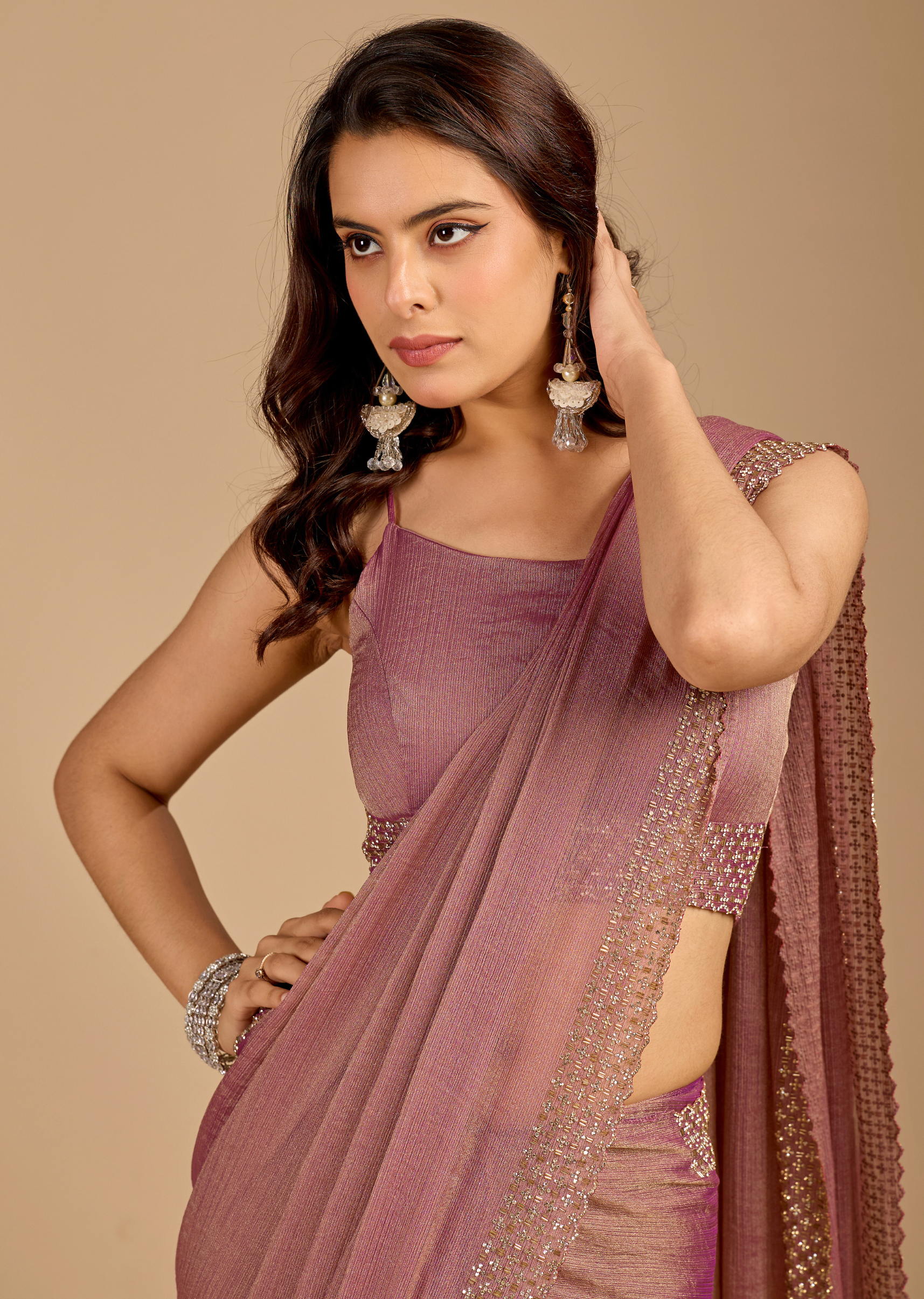 Dusty Rose Chiffon Saree with Stone Work Border & Shimmer Finish