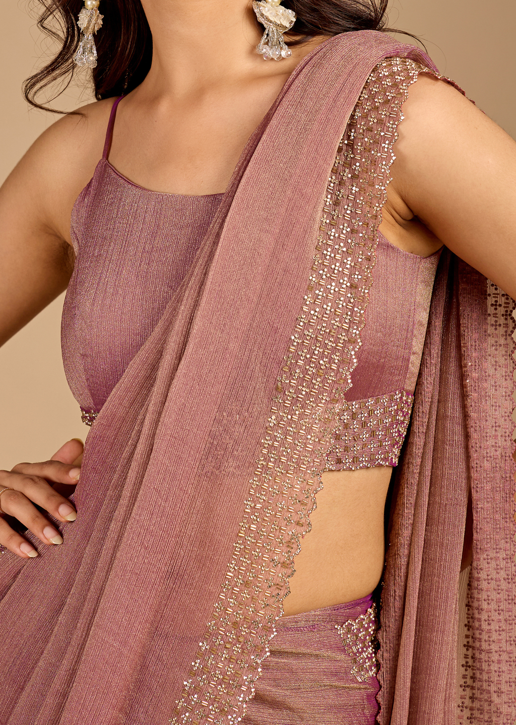 Dusty Rose Chiffon Saree with Stone Work Border & Shimmer Finish