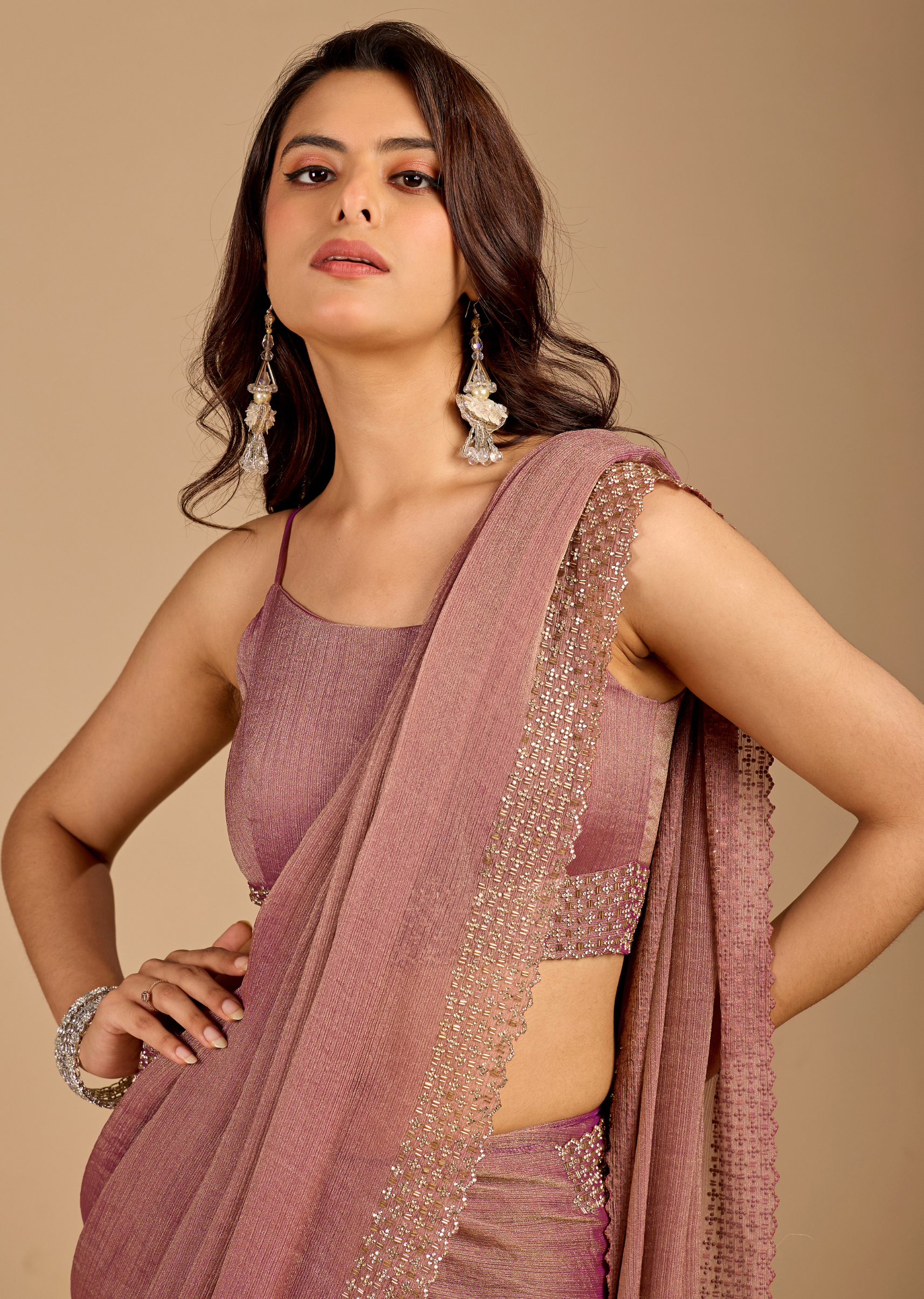 Dusty Rose Chiffon Saree with Stone Work Border & Shimmer Finish