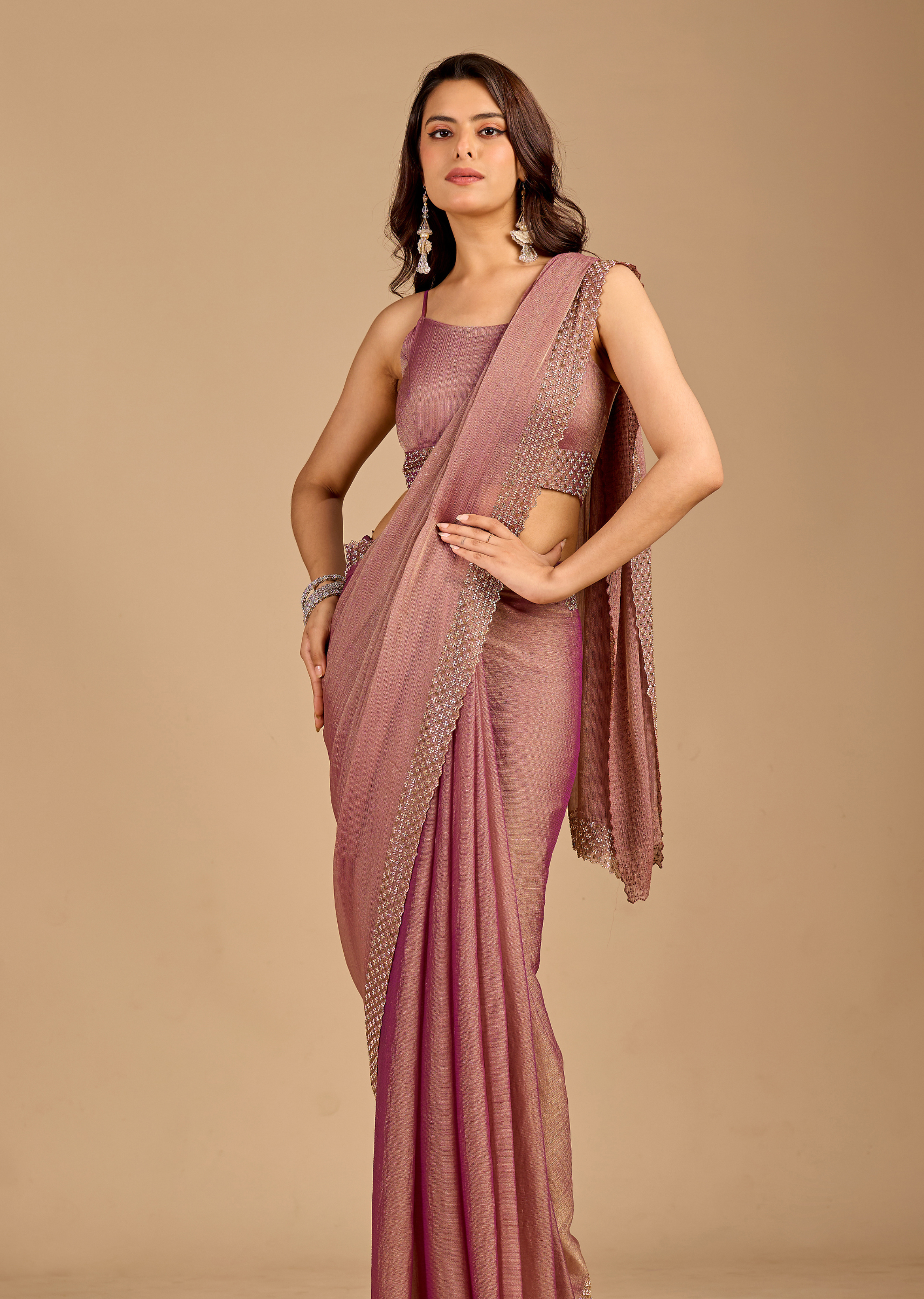 Dusty Rose Chiffon Saree with Stone Work Border & Shimmer Finish