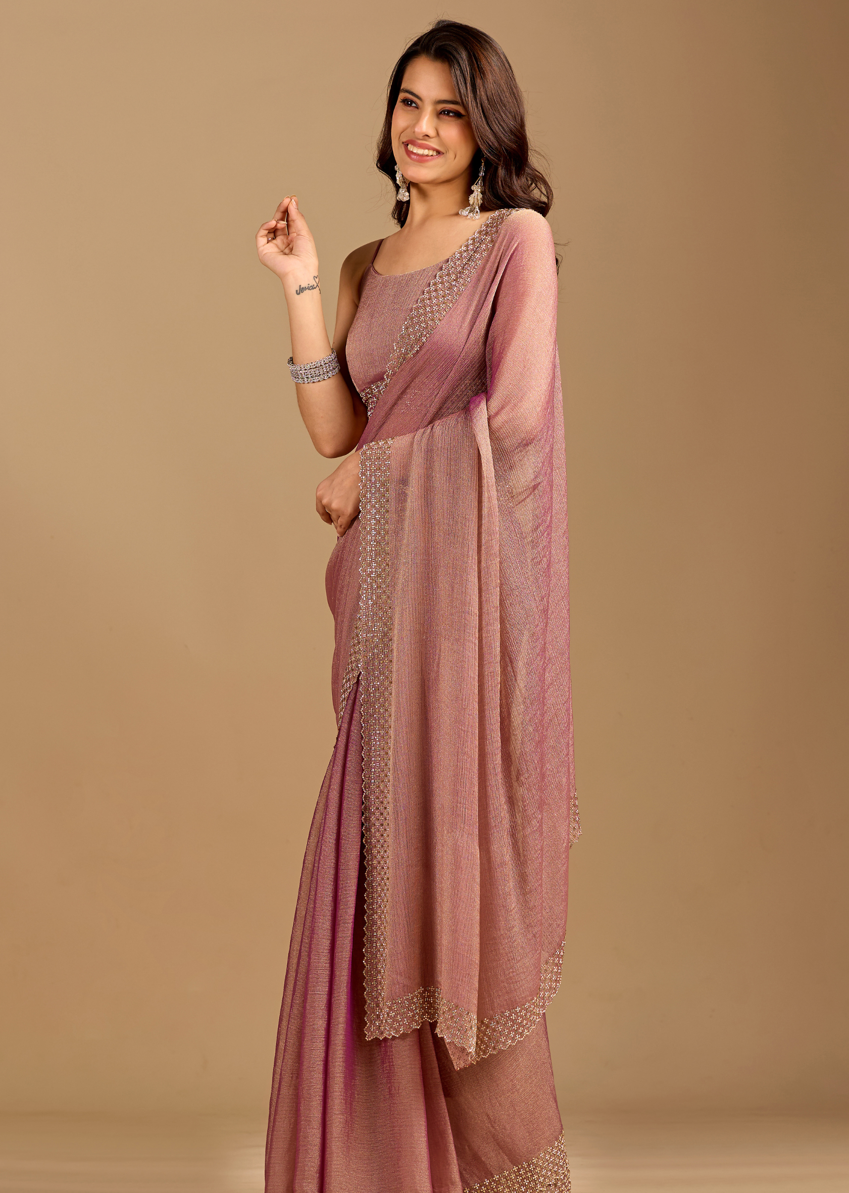 Dusty Rose Chiffon Saree with Stone Work Border & Shimmer Finish