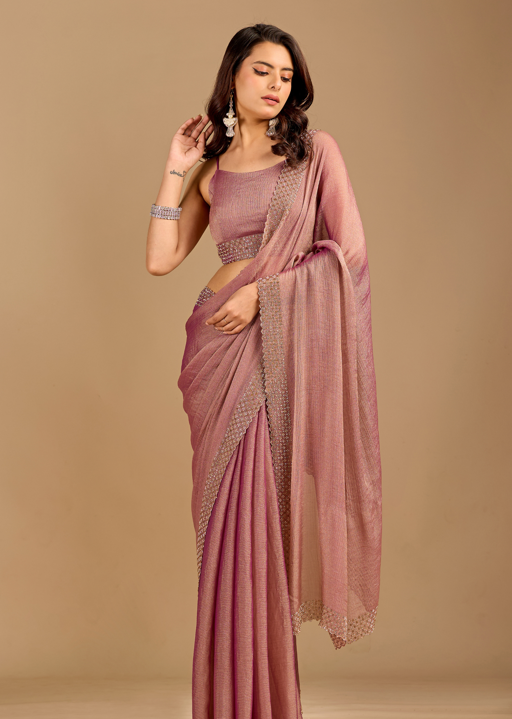Dusty Rose Chiffon Saree with Stone Work Border & Shimmer Finish