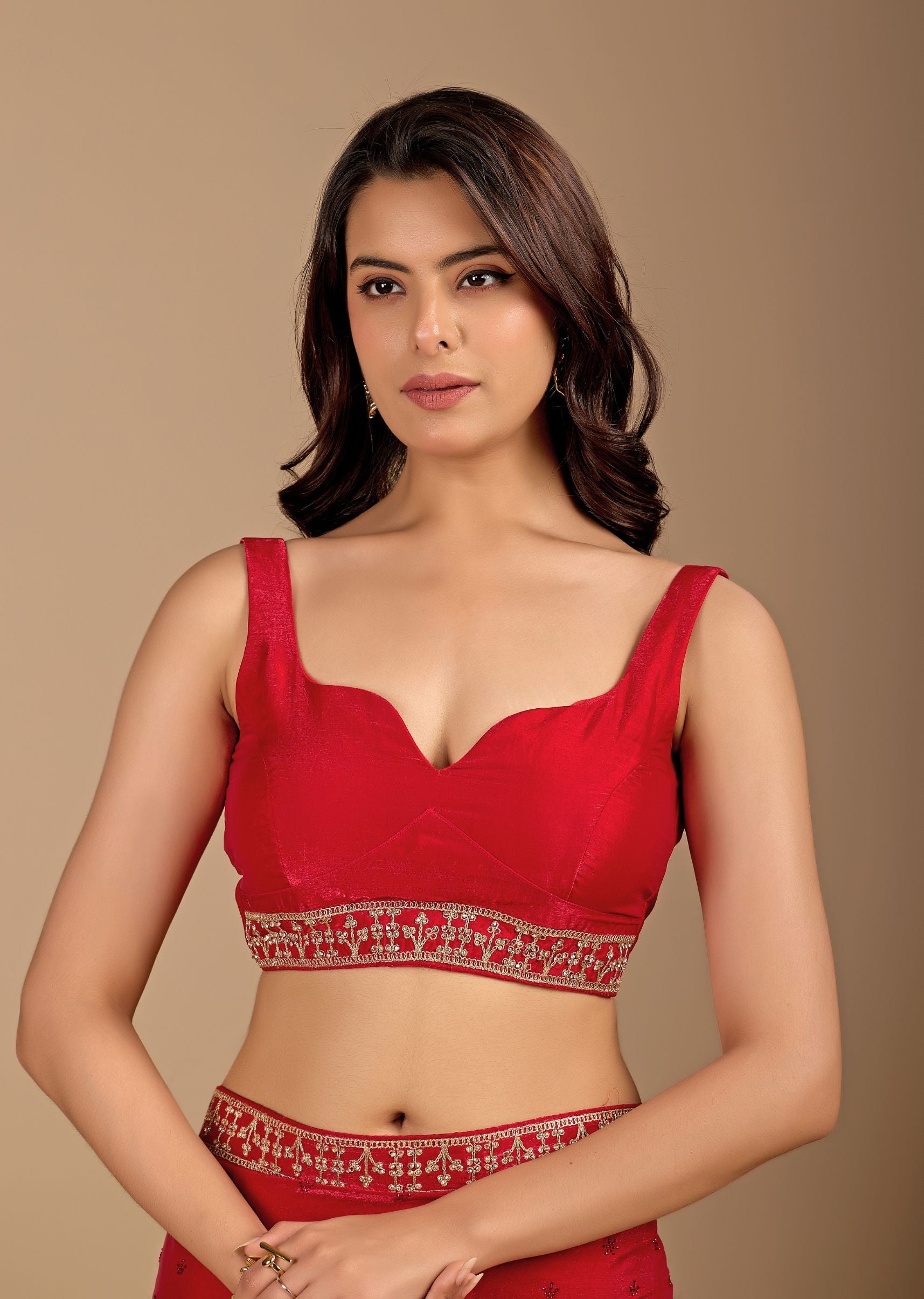 Ruby Red Organza Saree with Stone Work Border & Embellished Detailing