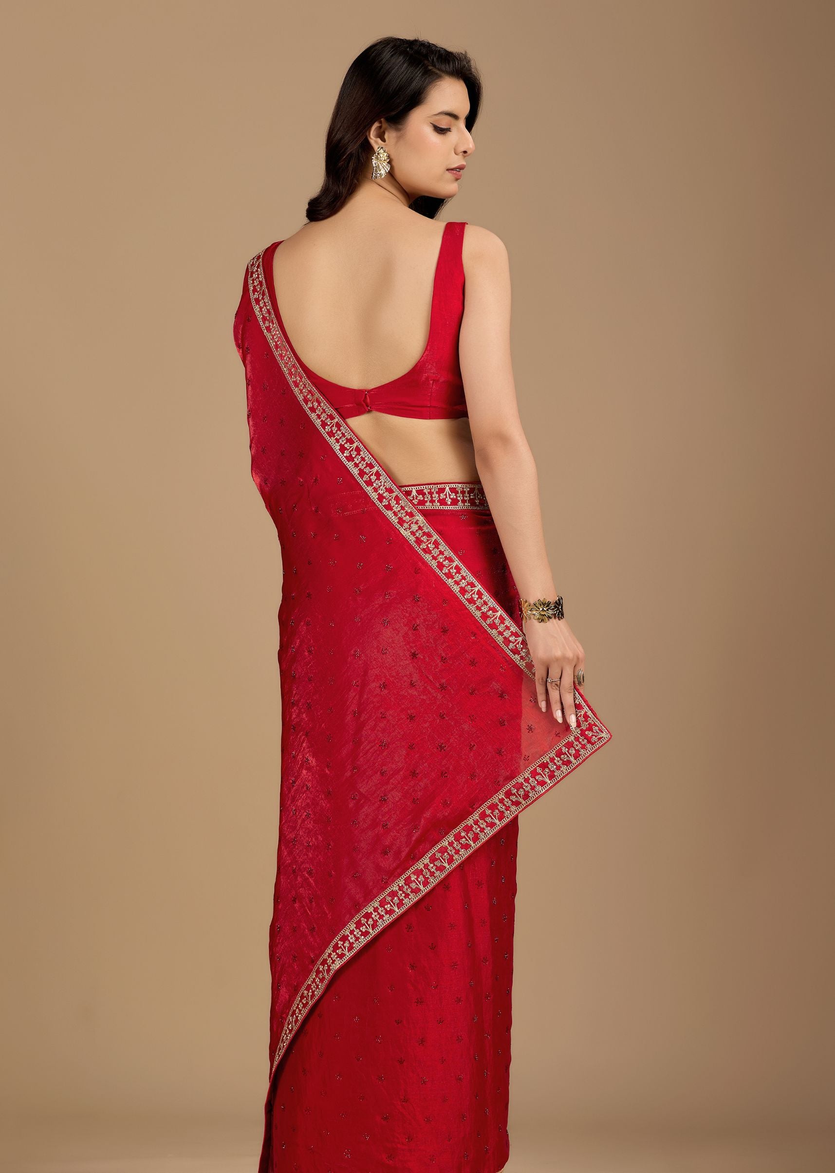 Ruby Red Organza Saree with Stone Work Border & Embellished Detailing